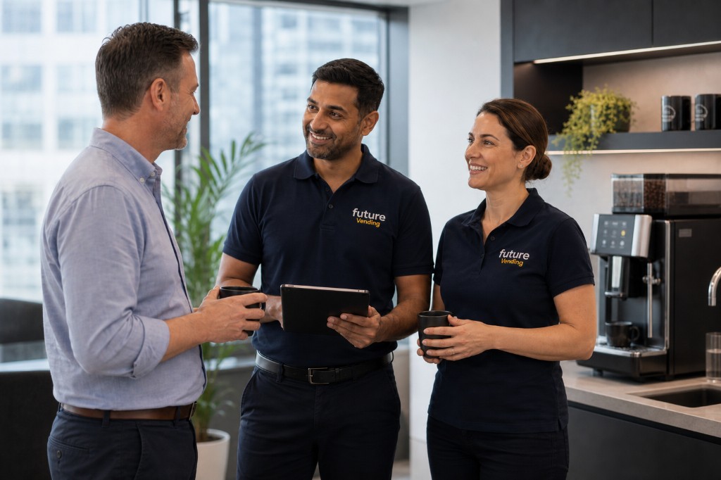 future® Vending colleagues in navy uniforms meeting a facilities manager in a bright workplace pantry, commercial coffee machine on the counter