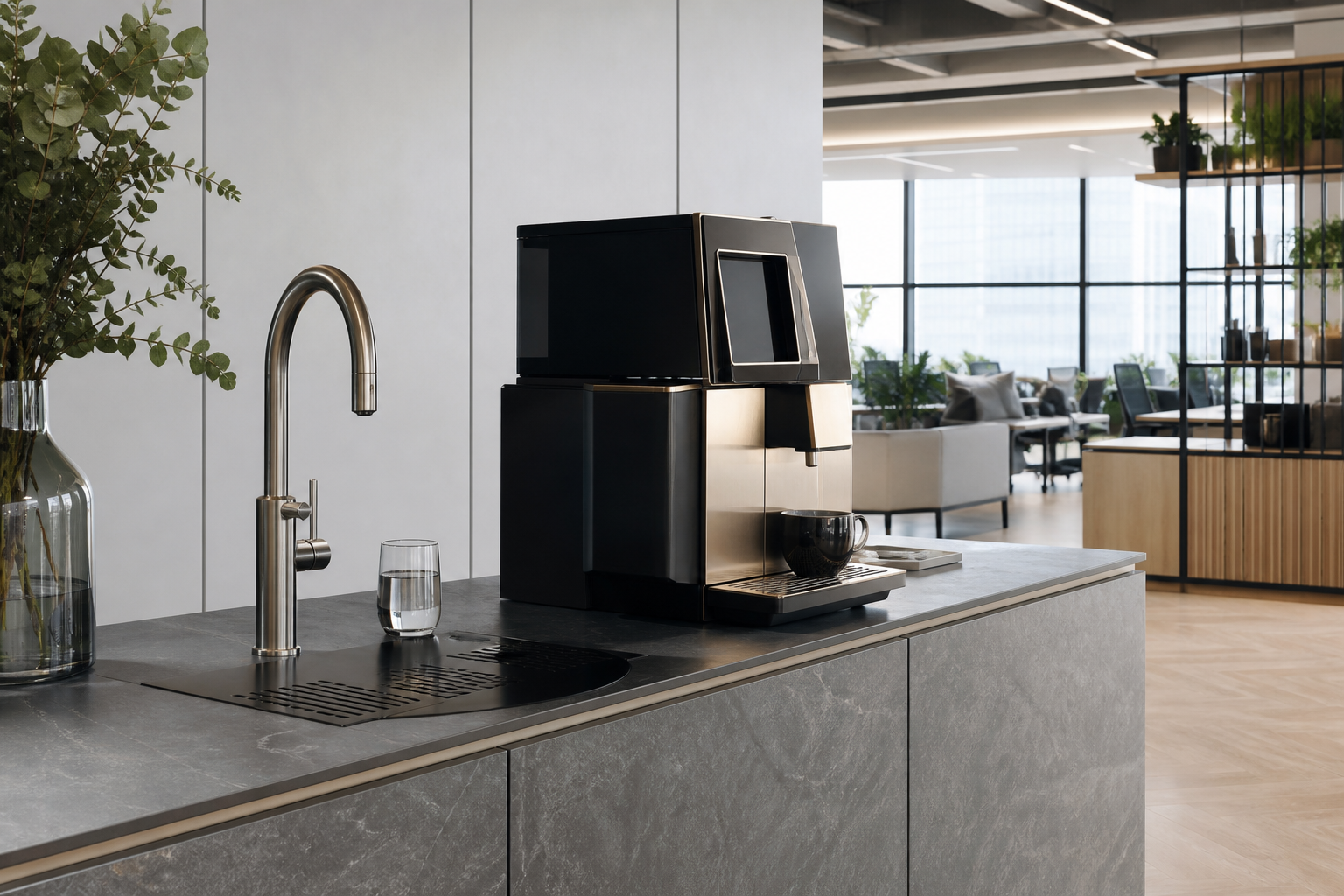 Workplace break area with coffee machine and filtered water tap