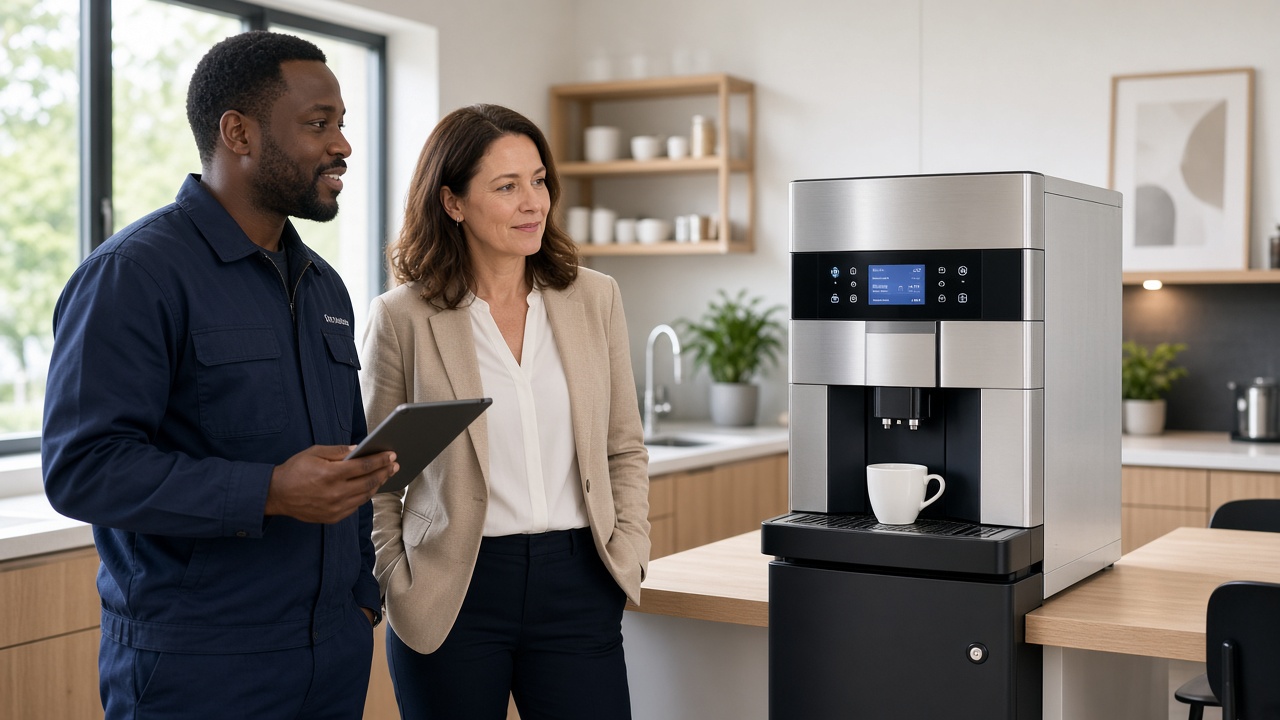 future® Vending engineer and facilities manager reviewing a commercial coffee machine in a bright workplace pantry