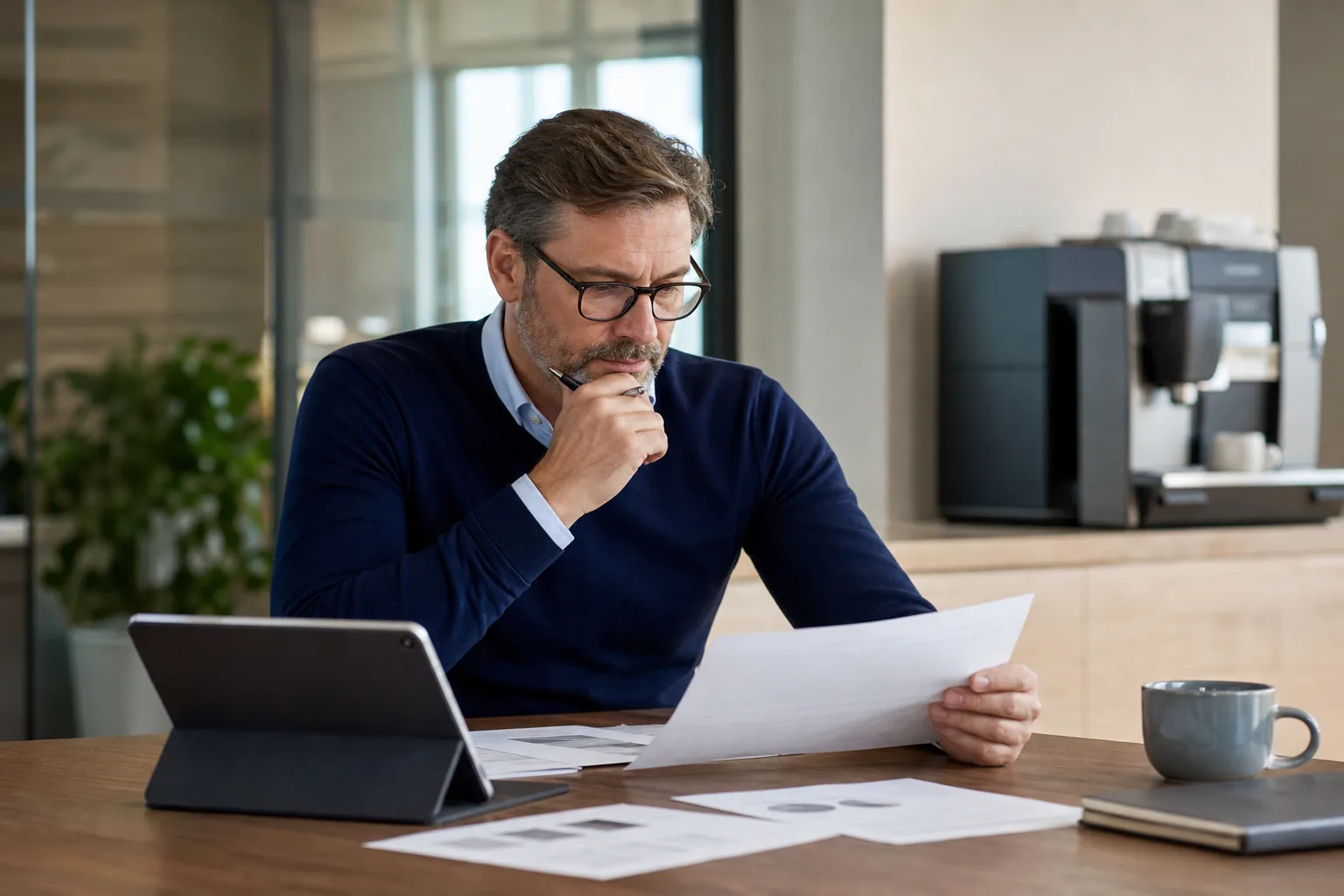 Office manager reviewing coffee machine options and paperwork at a meeting table