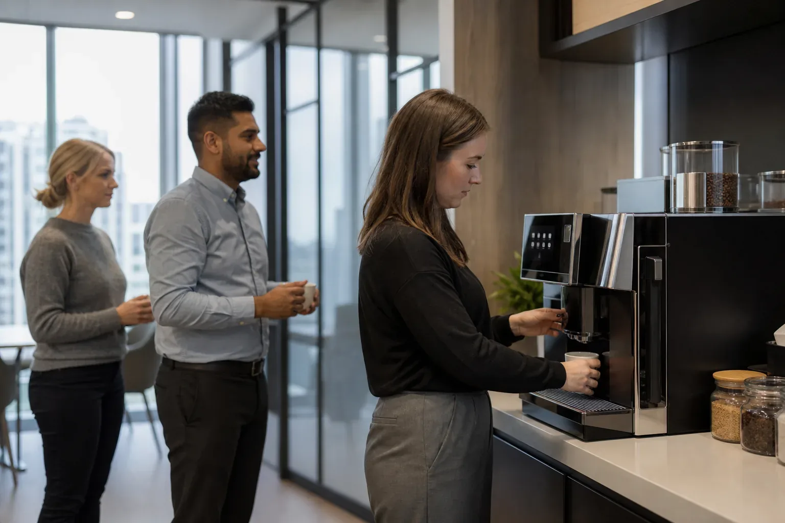 Colleagues queuing at a commercial bean-to-cup coffee machine in a modern office