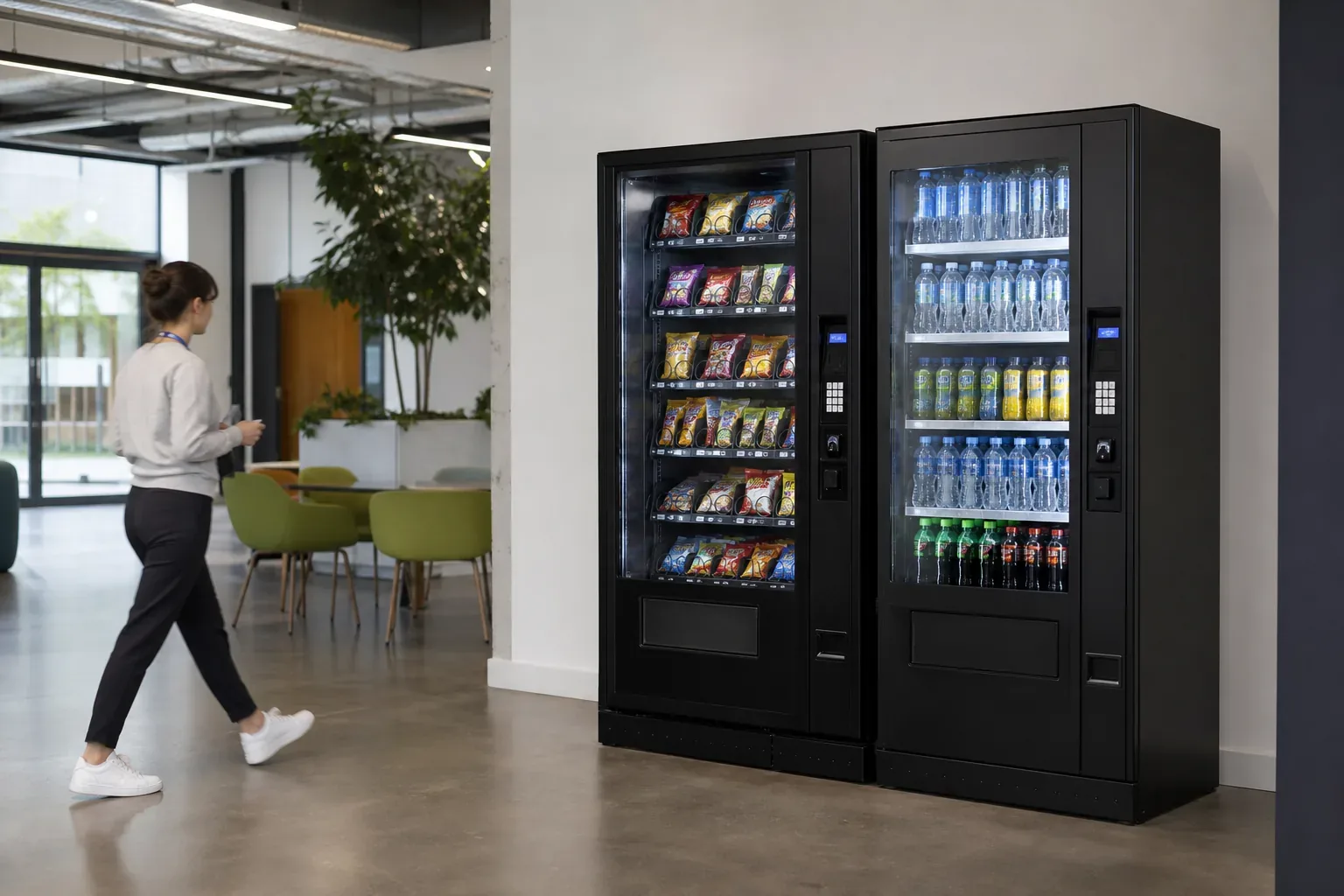 Snack and chilled drink vending machines side by side in a modern workplace breakout area