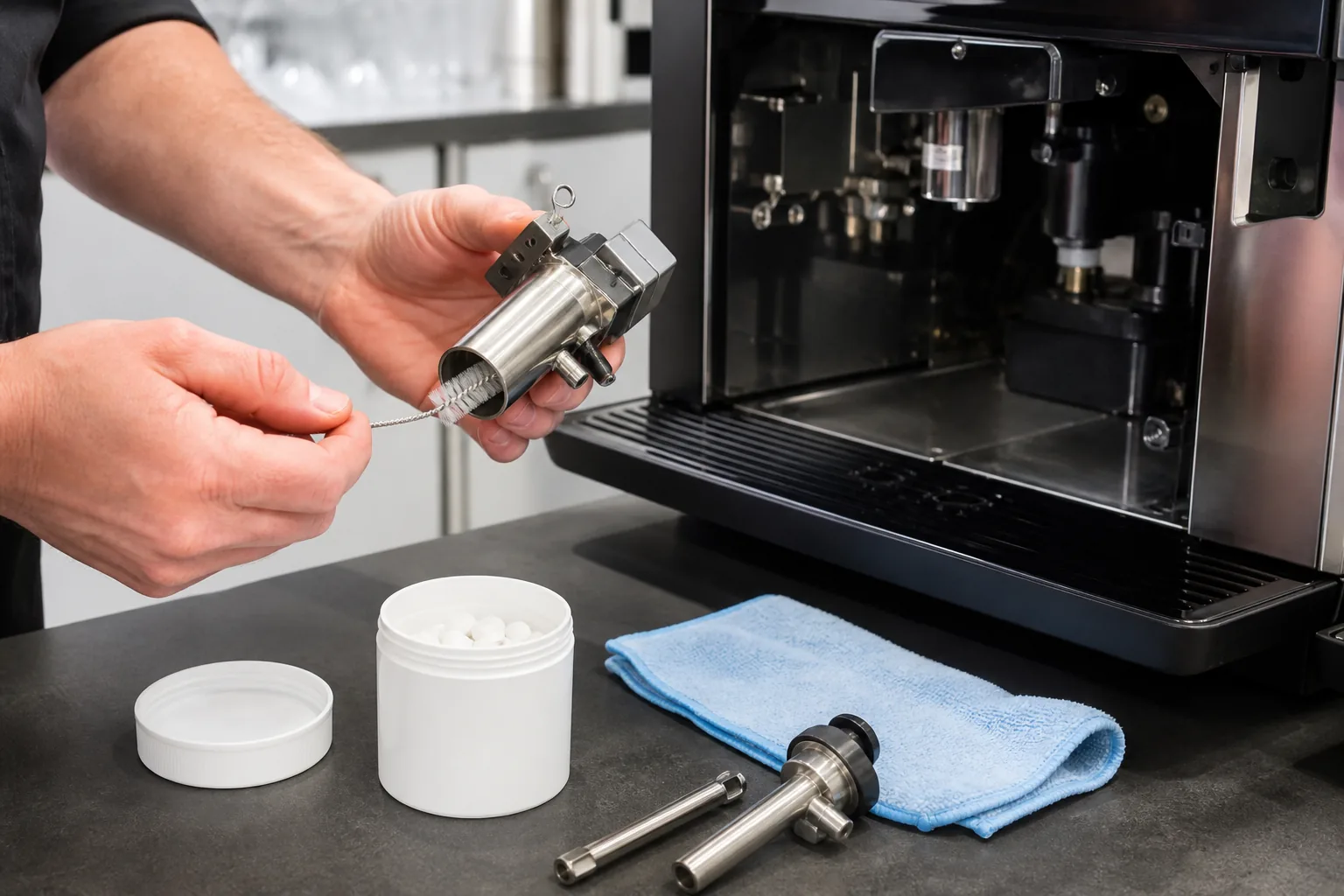 Hands cleaning the stainless steel milk system components of a commercial coffee machine