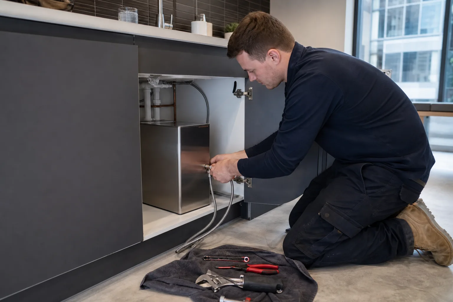 Engineer installing an undercounter water unit inside an office kitchen cabinet
