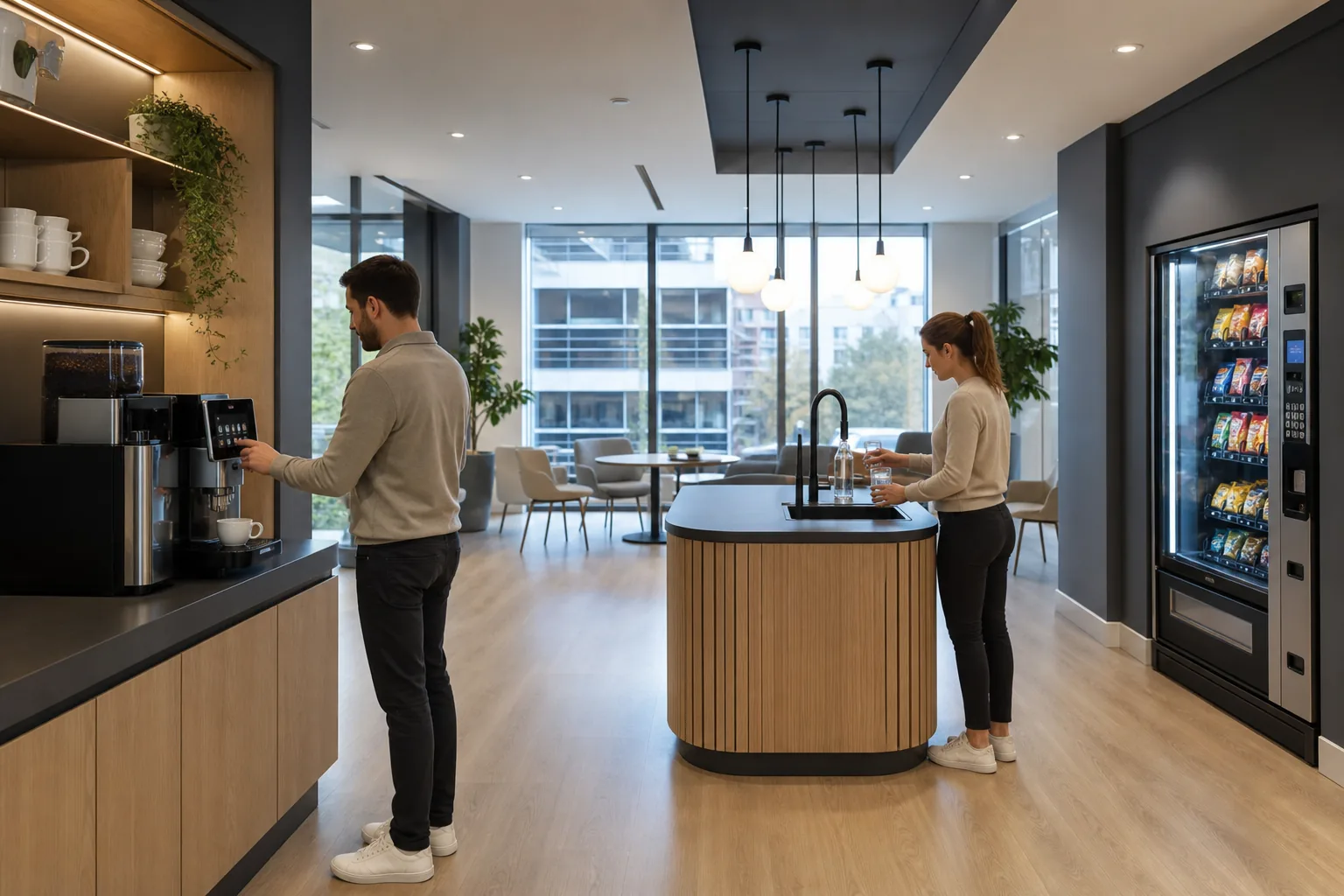 Modern office breakout area with a coffee machine, filtered water tap and snack vending machine
