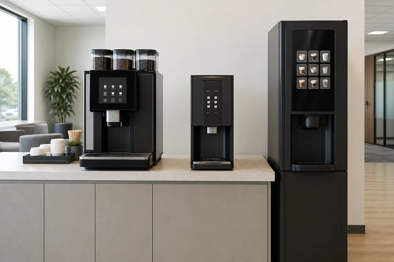 Bean-to-cup, instant and coffee vending machines side by side on an office counter
