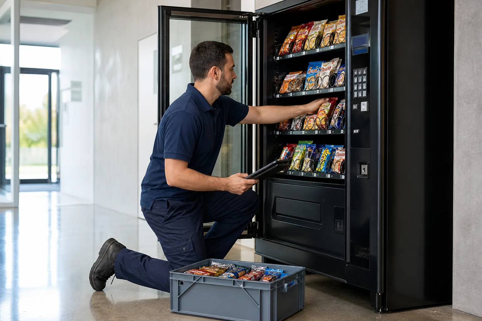 Service technician restocking a glass-fronted snack vending machine in a workplace corridor