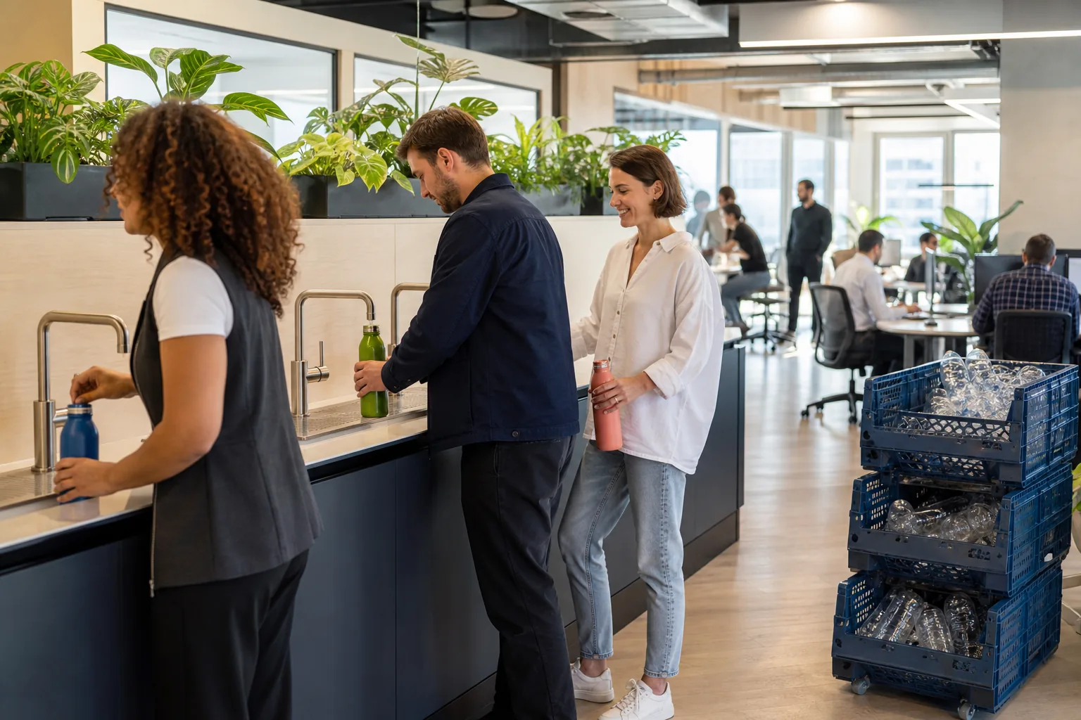 Colleagues filling reusable bottles at an office refill point with empty plastic bottle crates set aside