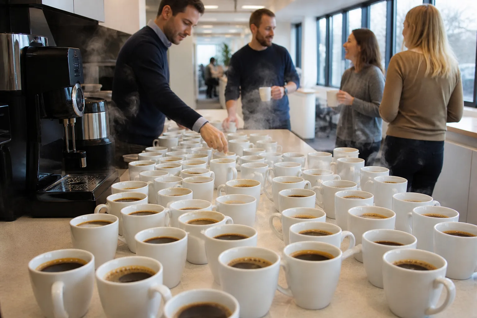Rows of freshly poured coffee cups on an office kitchen counter during the morning peak