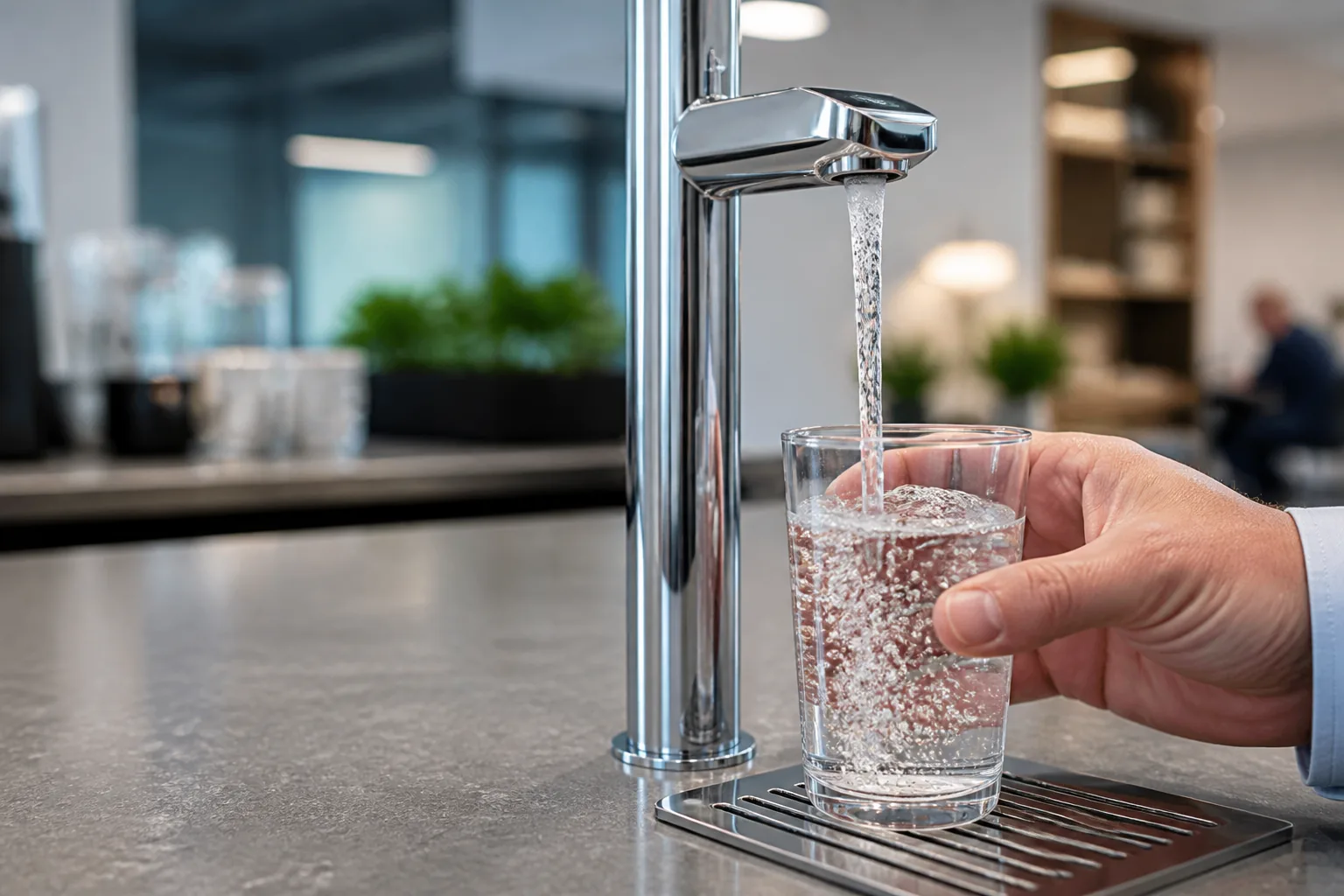 Chilled sparkling water being dispensed from a modern workplace tap into a glass