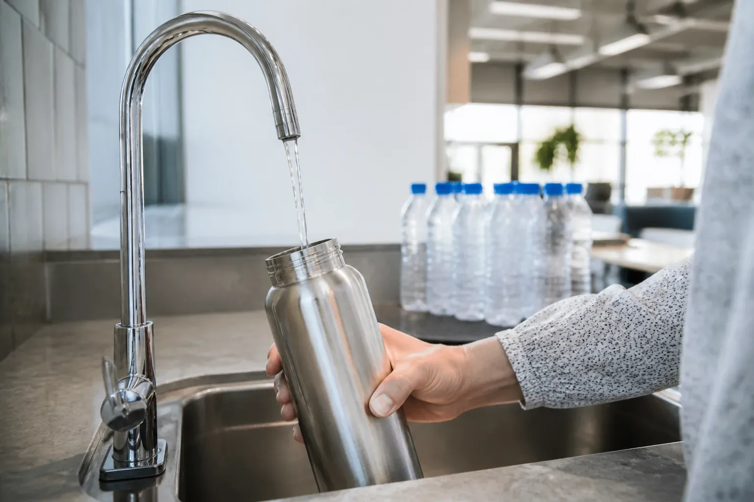 Reusable bottle being filled from a filtered workplace water tap, with plastic bottles in the background