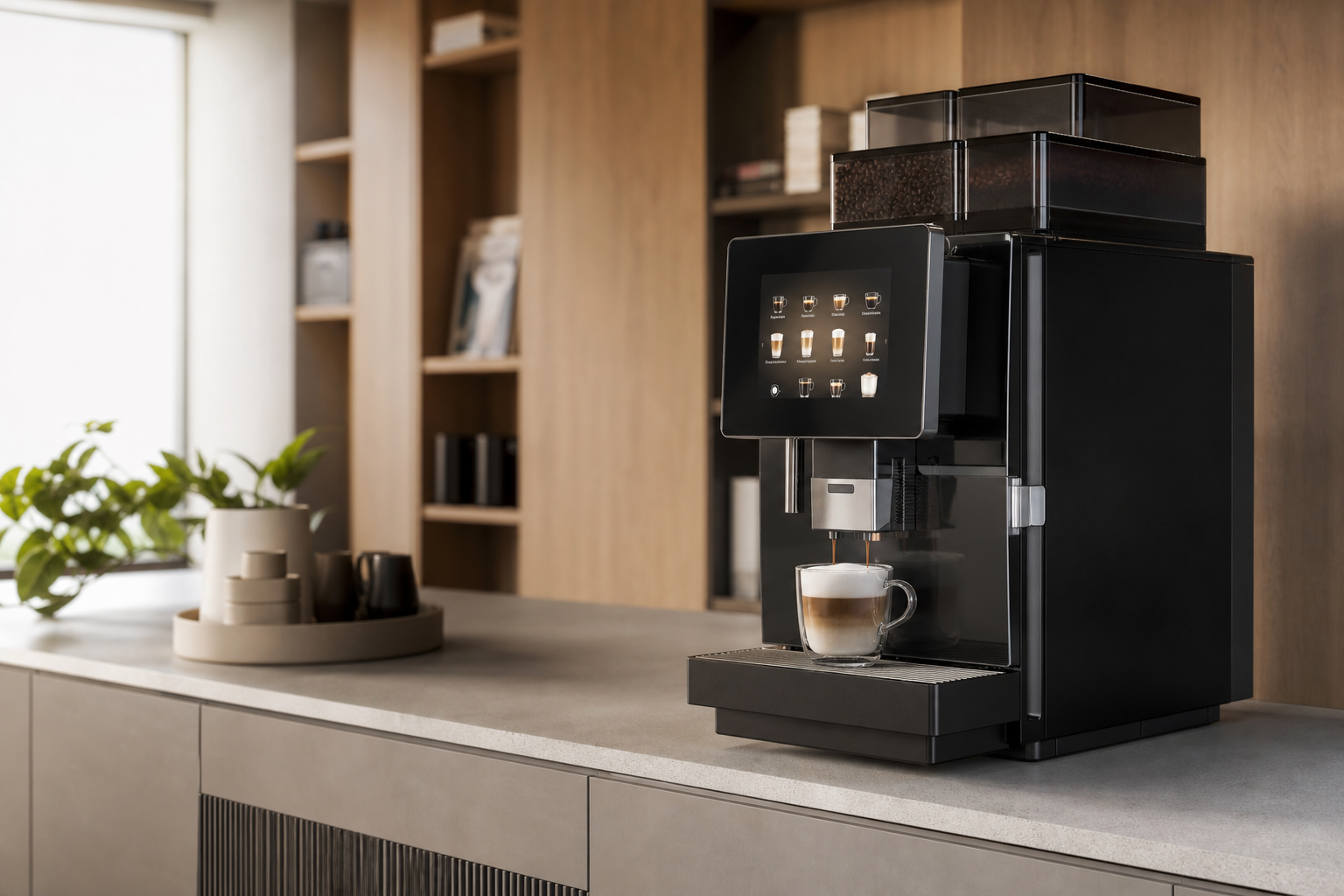 Franke A600 bean-to-cup coffee machine dispensing fresh coffee in a UK office tea point