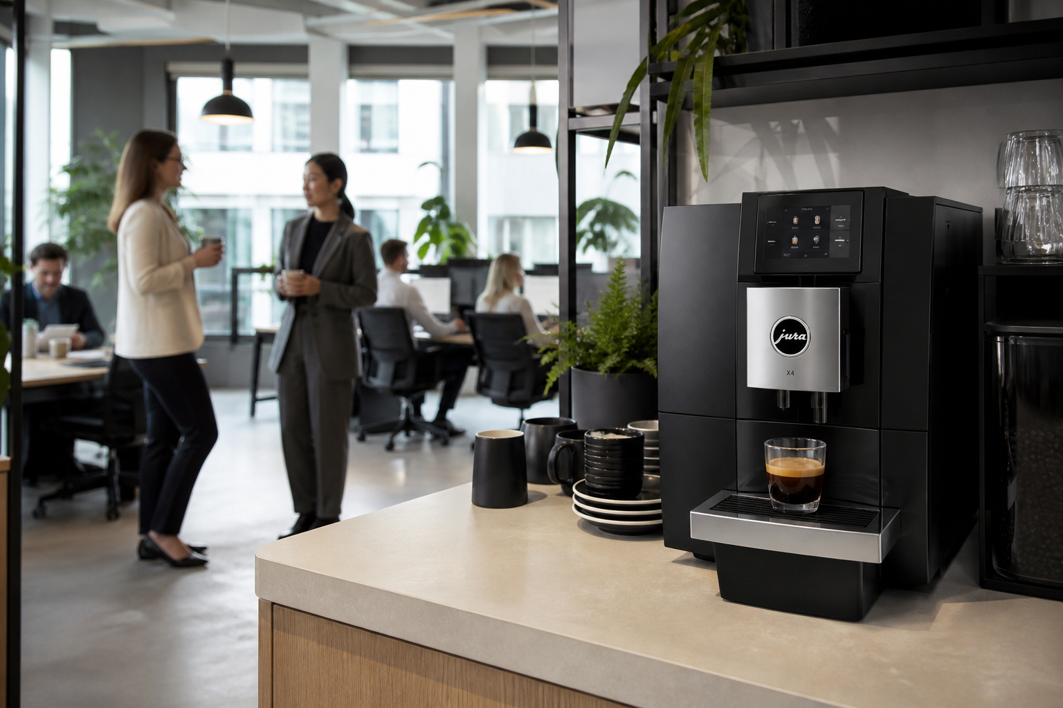 JURA X4 office coffee machine in a hybrid UK workplace kitchen