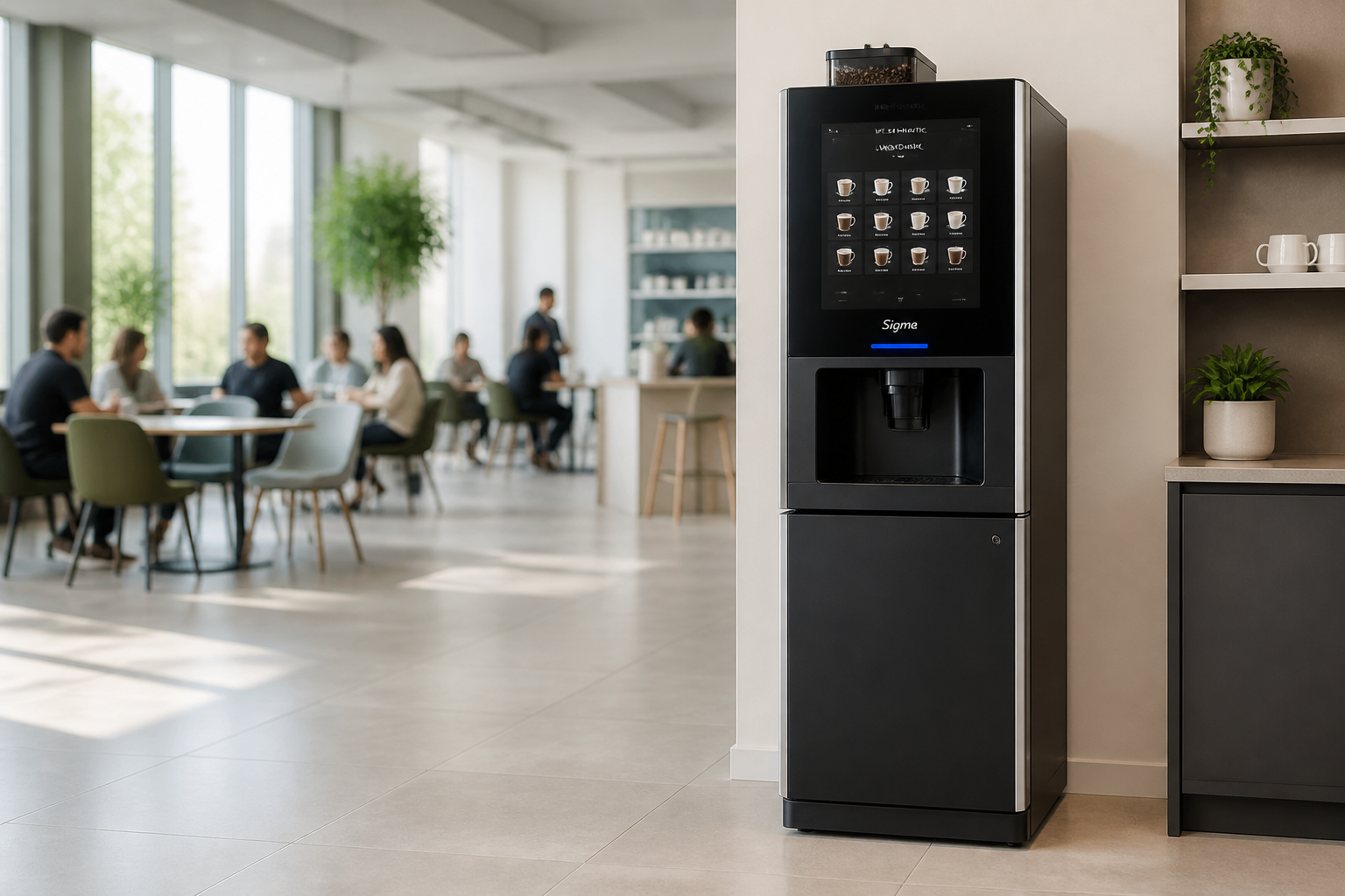 Coffee vending machine serving self-service hot drinks in a UK workplace canteen