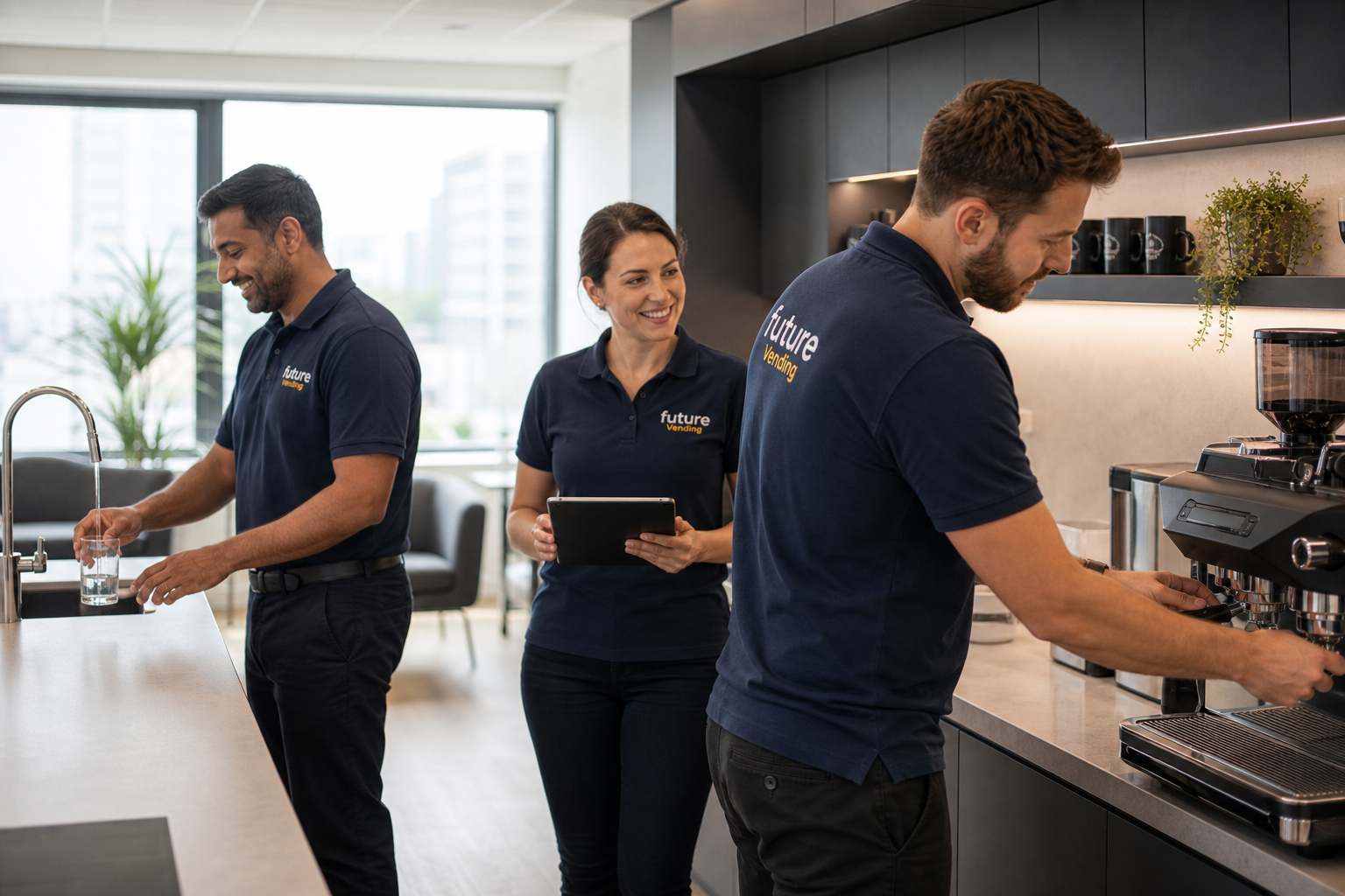 future® Vending service team in navy uniforms commissioning coffee and hydration equipment in a UK workplace
