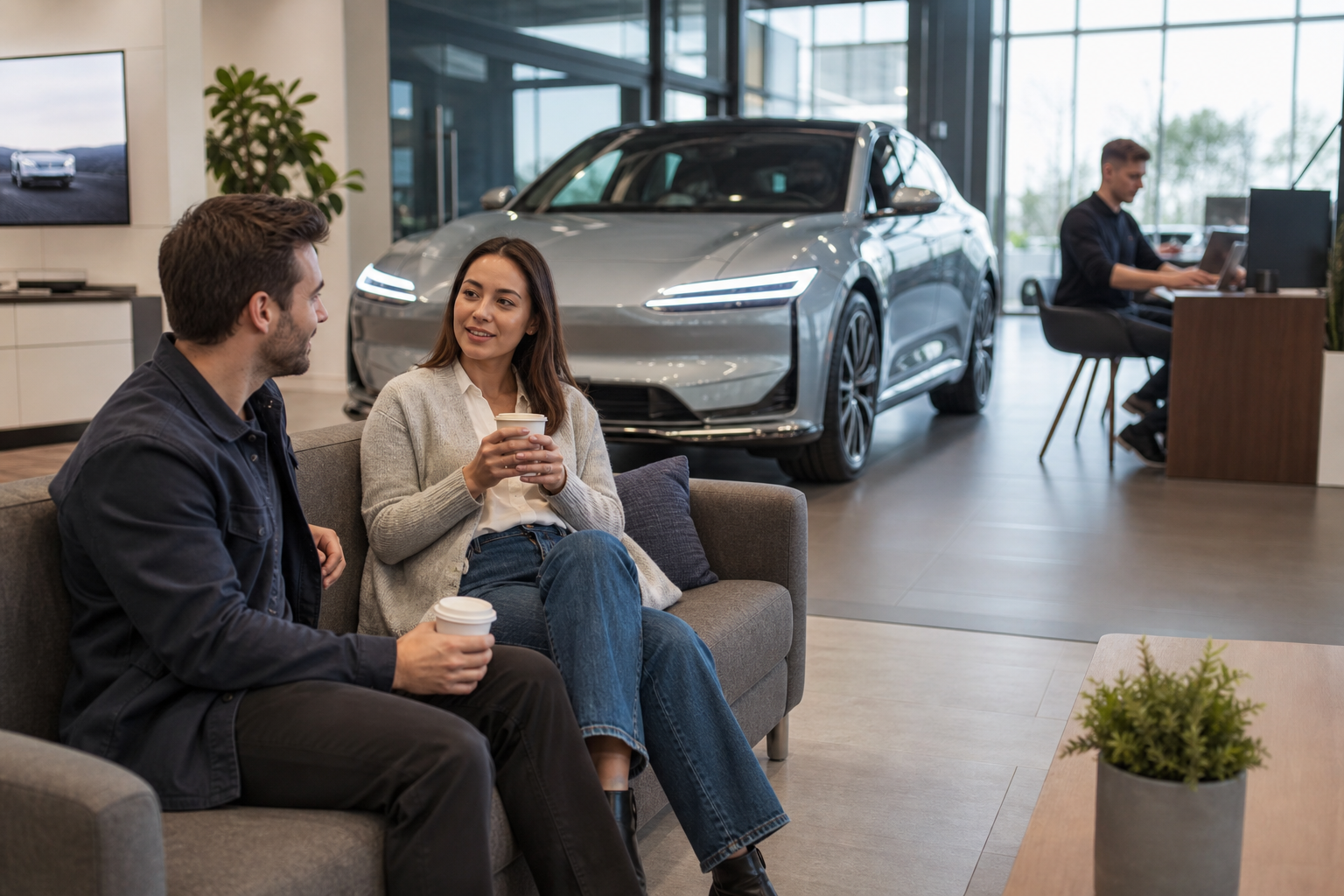 Customers in a car dealership showroom waiting lounge with coffee and cars visible