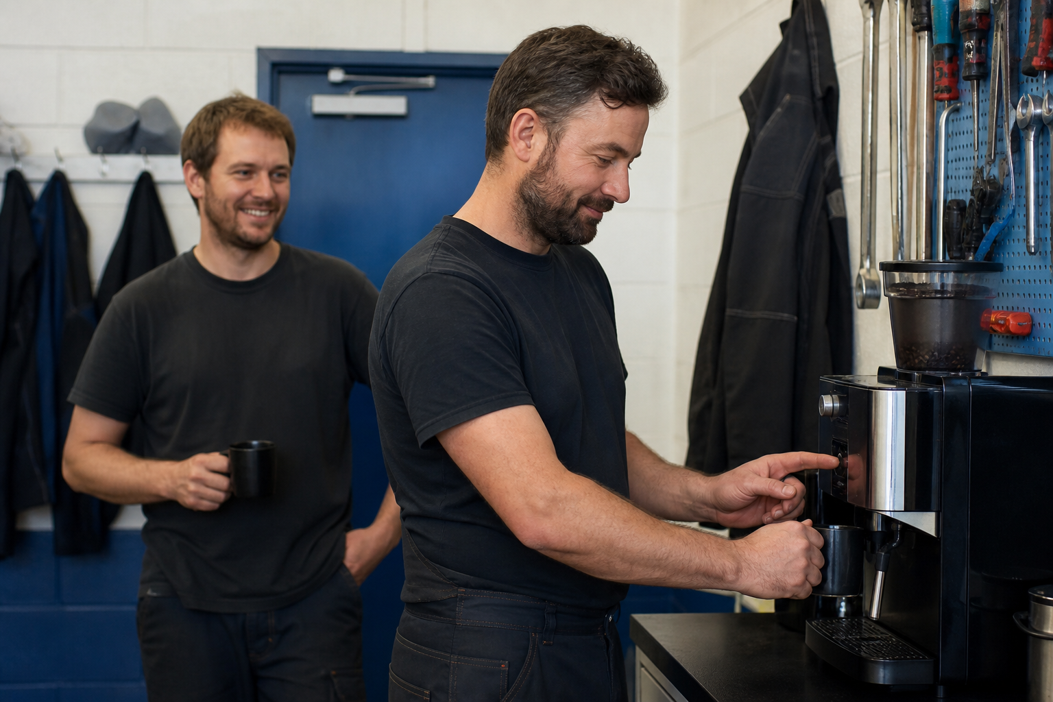Automotive workshop staff using a robust coffee machine in a back-of-house rest room