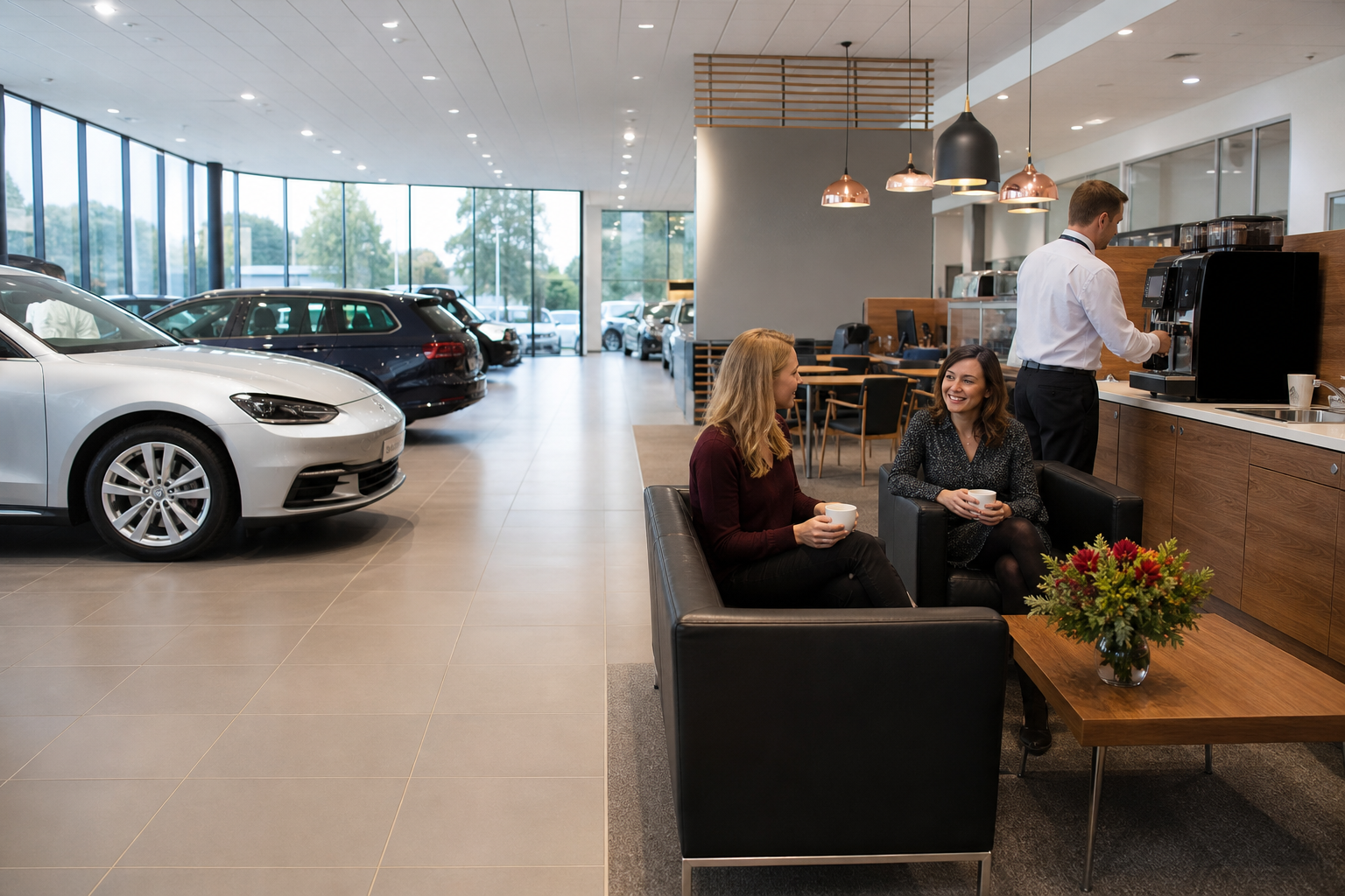 Automotive showroom waiting area with premium coffee machine and filtered water for customers