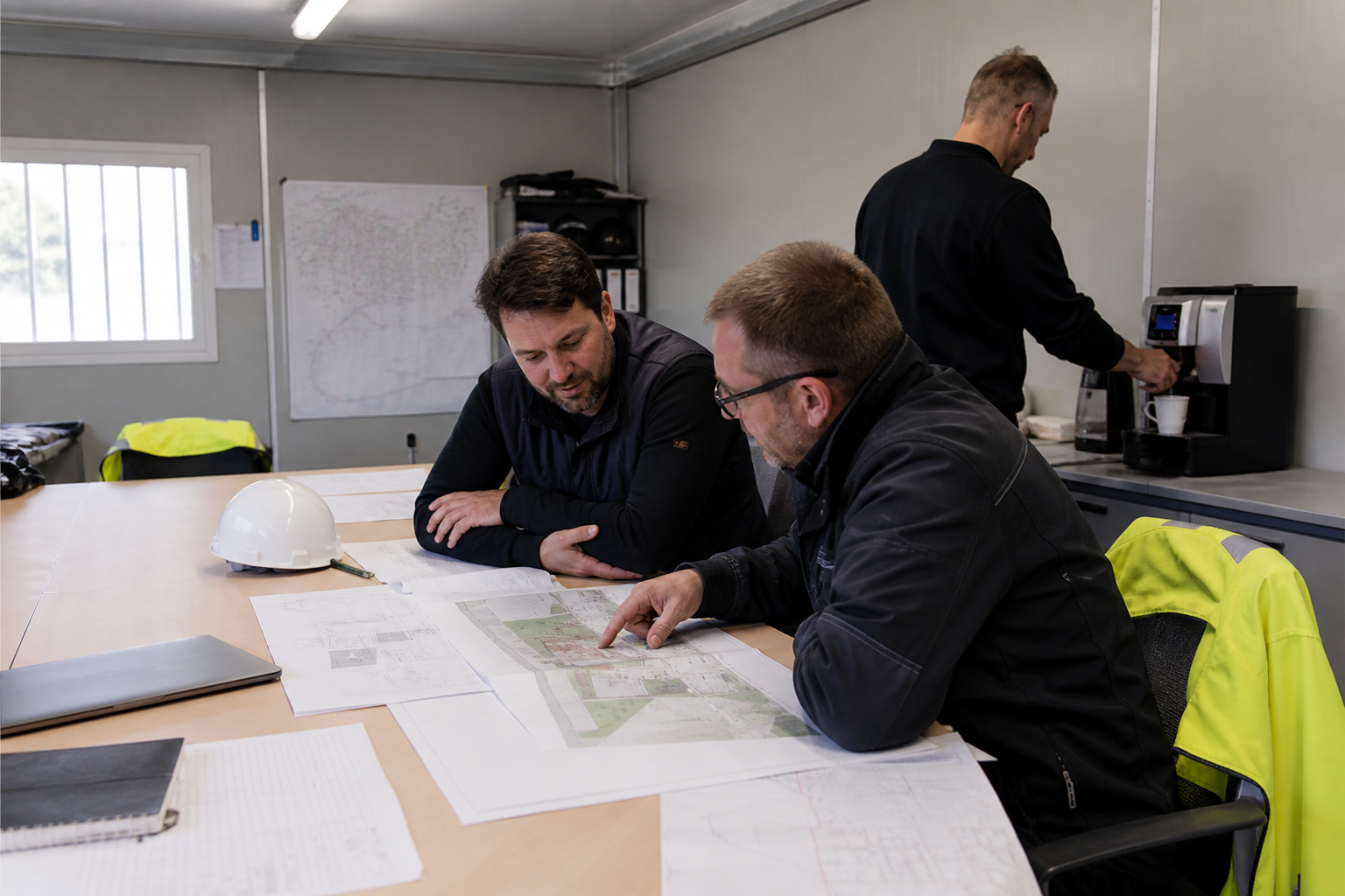 Construction managers in a site office cabin with drawings and a commercial coffee machine
