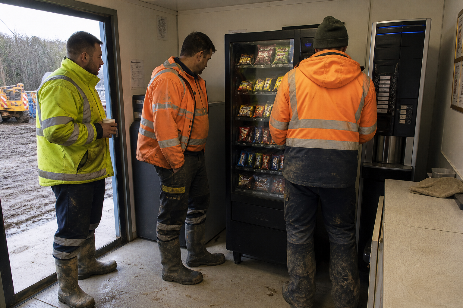 Construction workers in high-vis at a welfare cabin hot-drink and snack vending machine