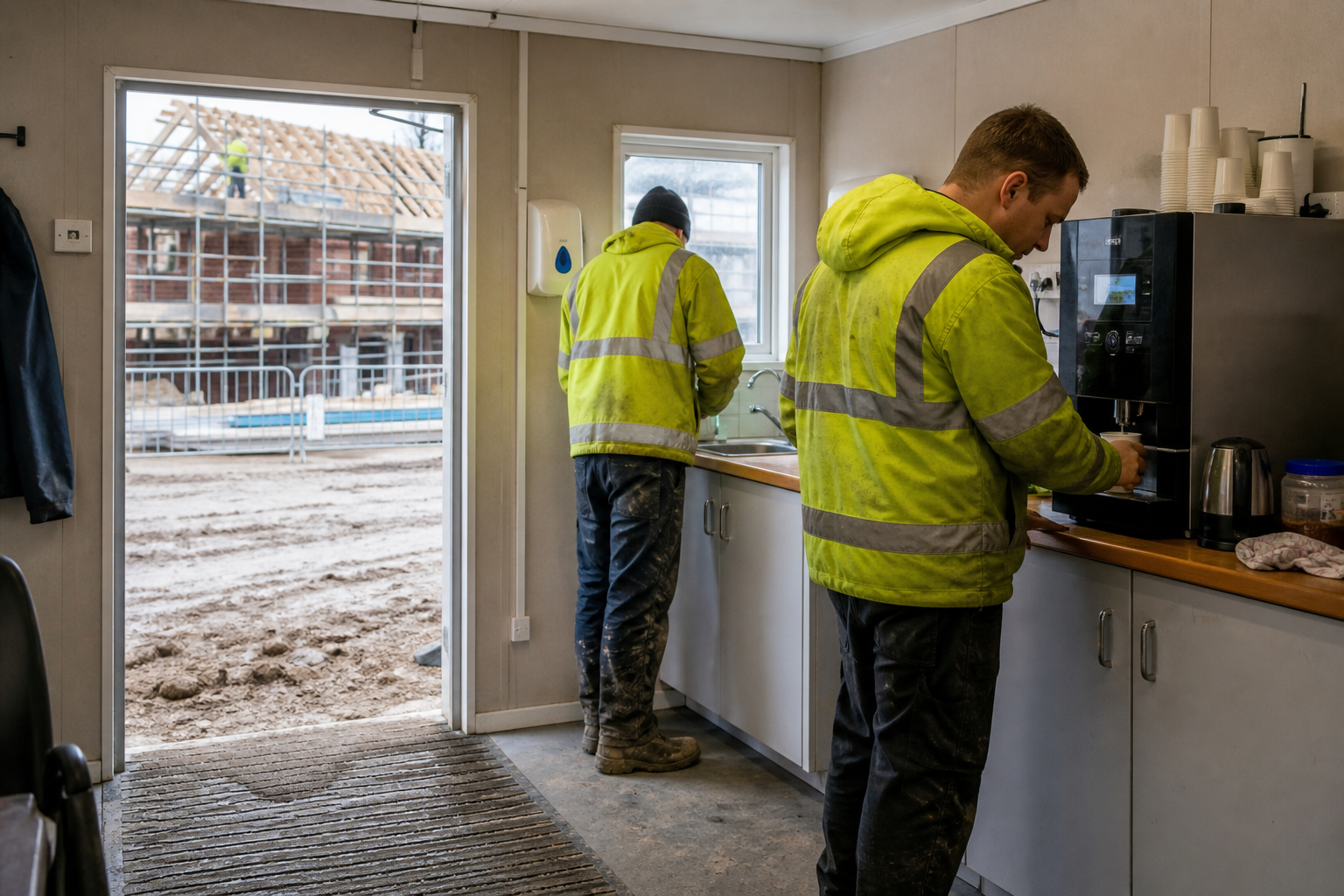Construction project team using hot drink and snack vending in a site welfare area