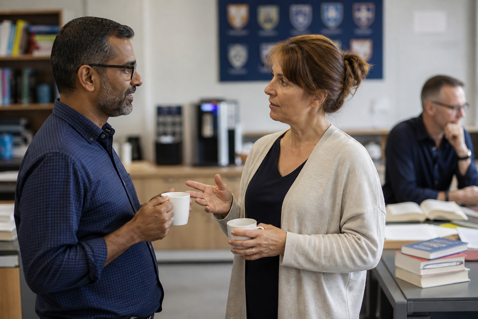 University lecturers in a campus staff room with a commercial coffee machine
