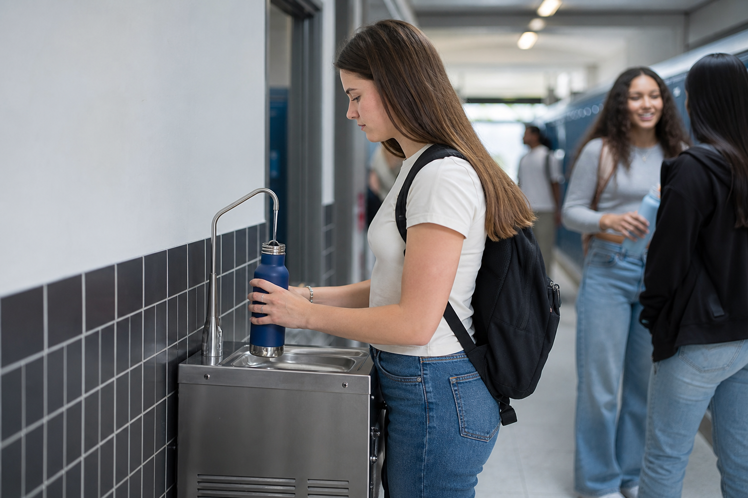 School corridor hydration point with filtered water tap between lessons