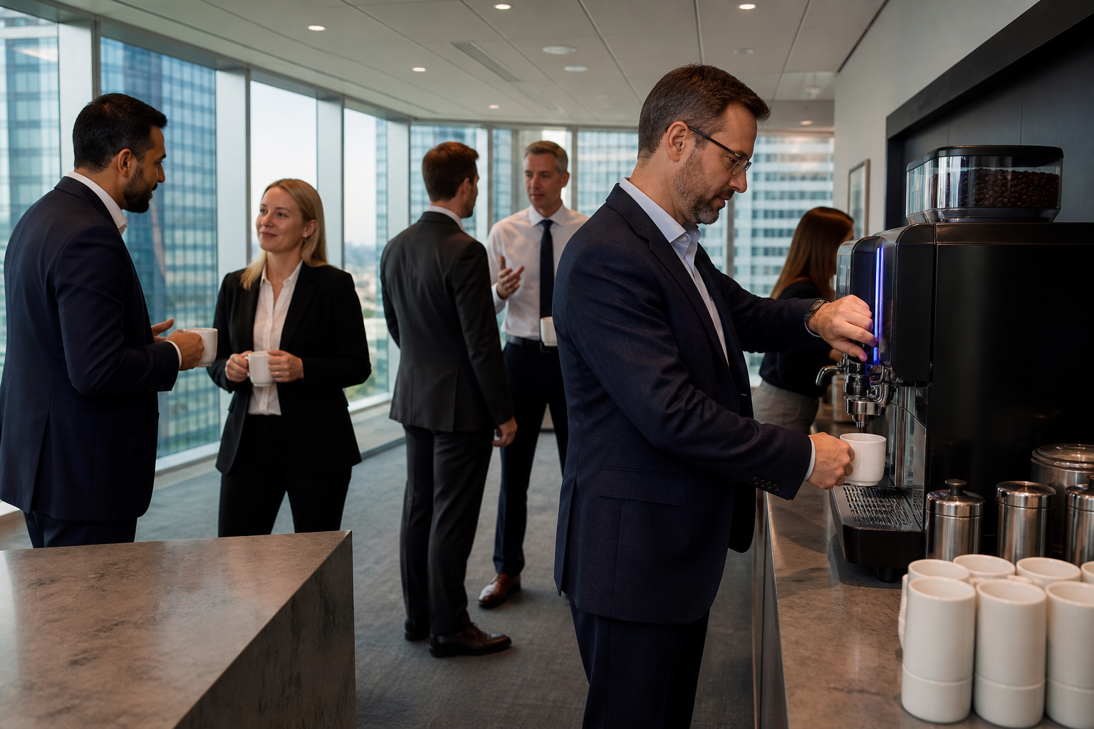 Executives using a high-capacity commercial coffee machine in a corporate boardroom break