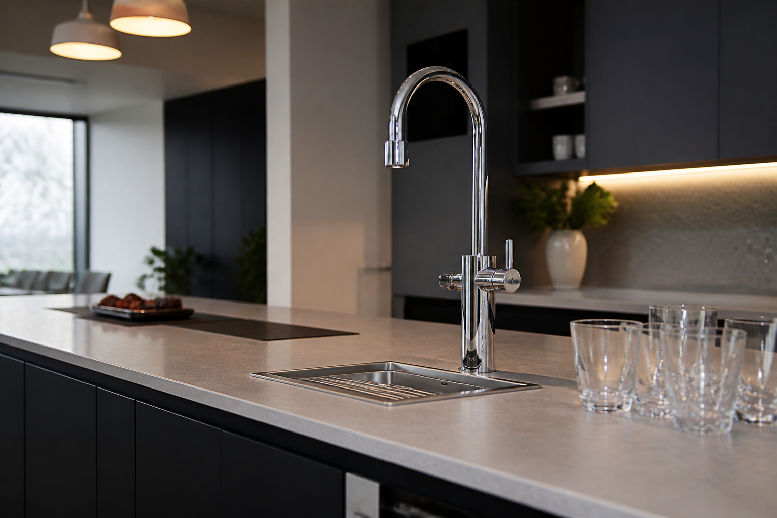 Premium sparkling water tap installed in a contemporary corporate pantry