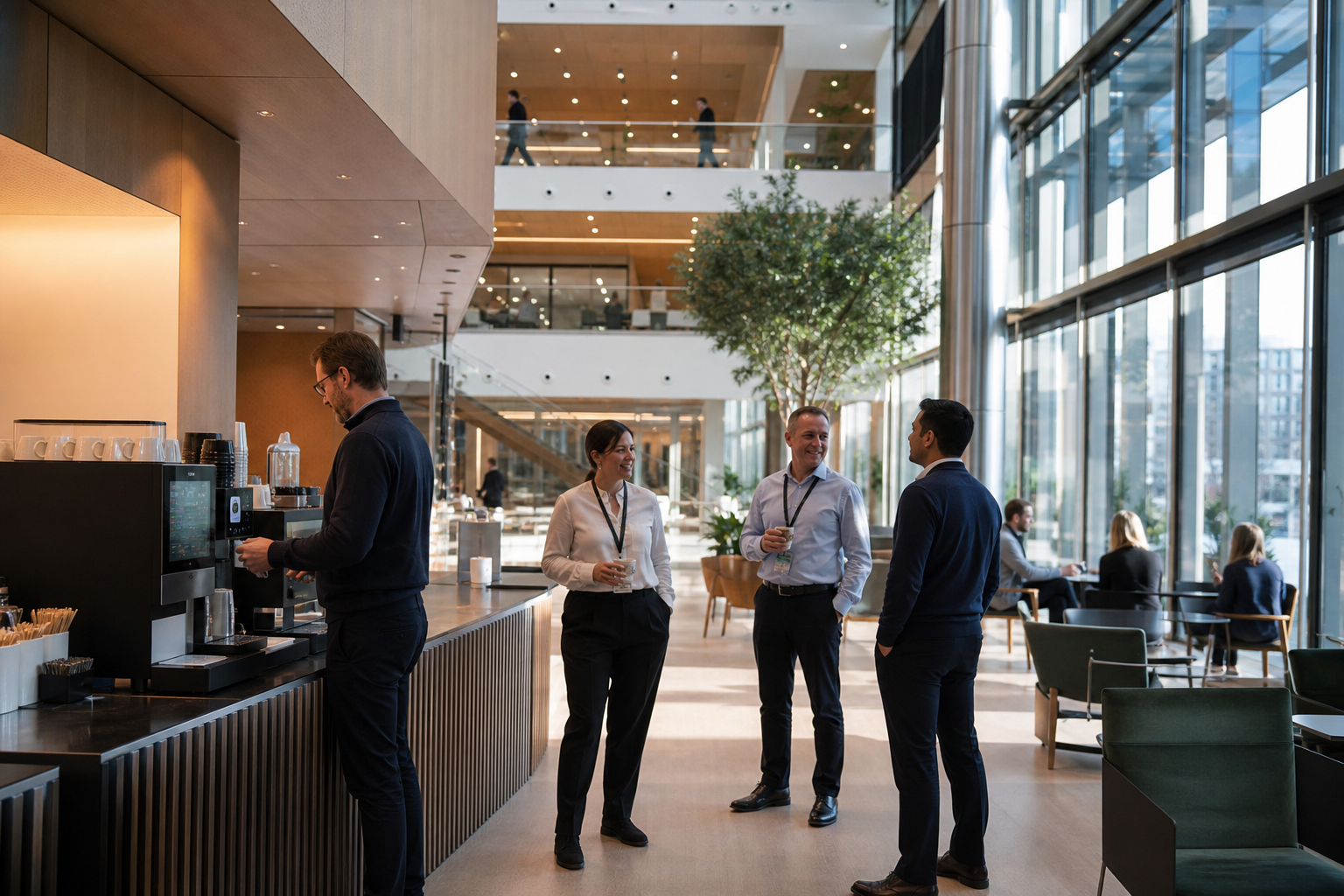 Enterprise workplace with commercial coffee machine and filtered water in a modern multi-site office