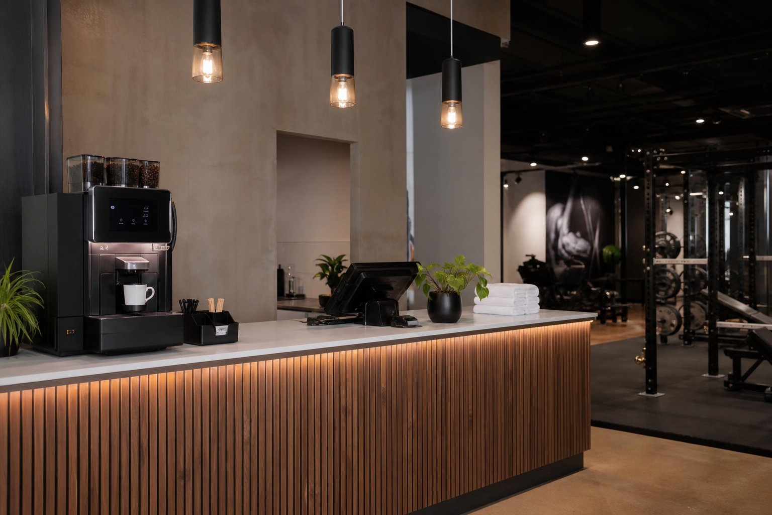 Gym reception area with a compact commercial coffee machine for staff and guests