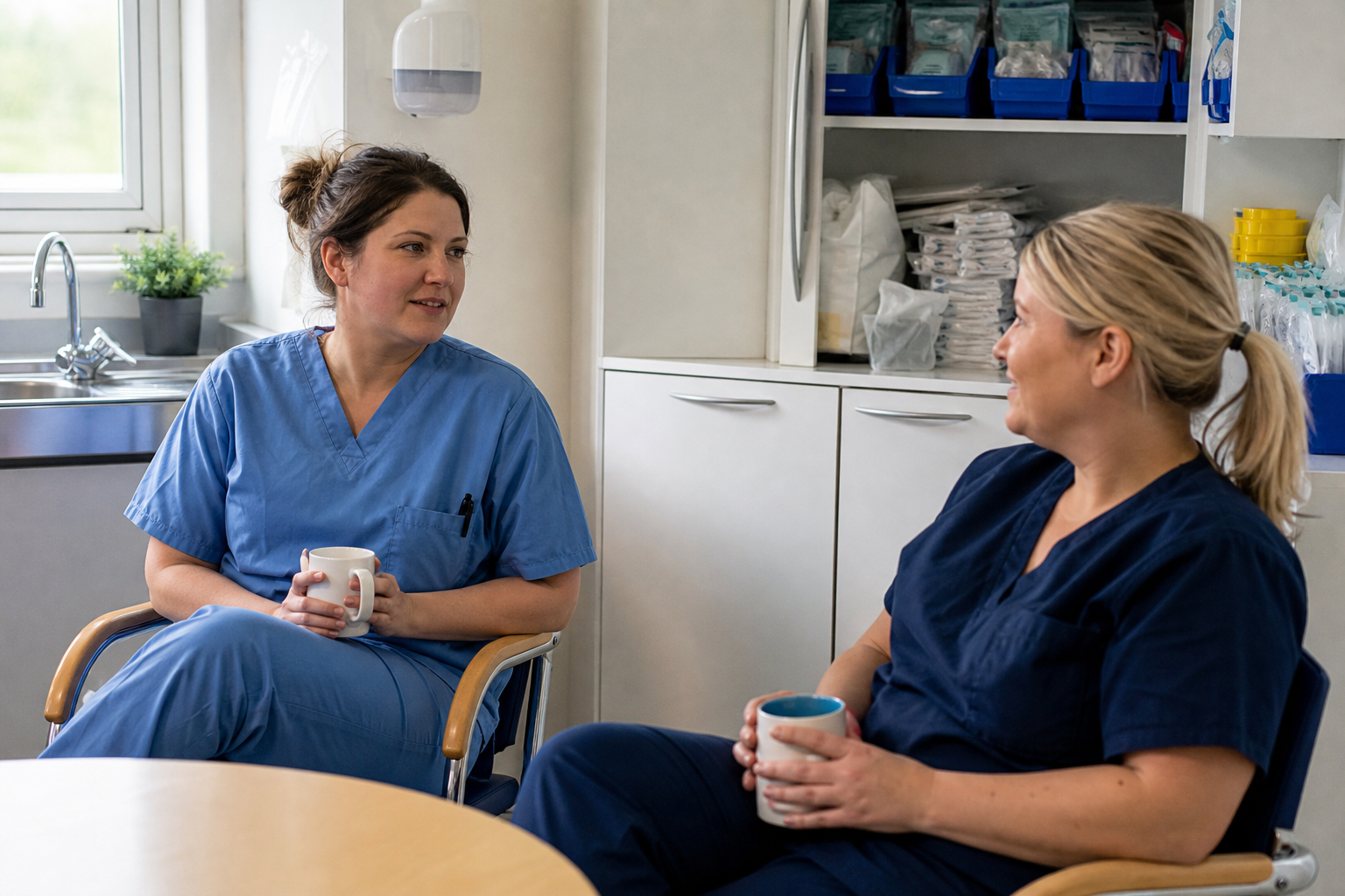 Clinic nurses in scrubs taking a short break with coffee in a healthcare staff kitchen