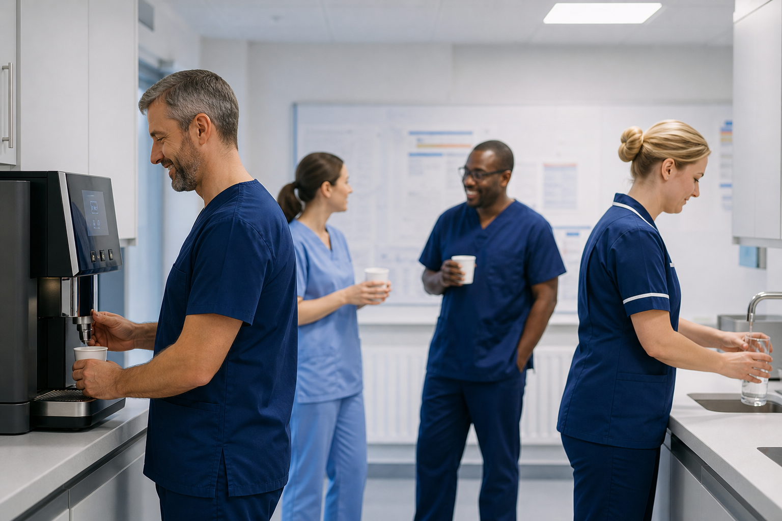 Healthcare staff using a coffee machine and filtered water tap in a modern clinic staff room