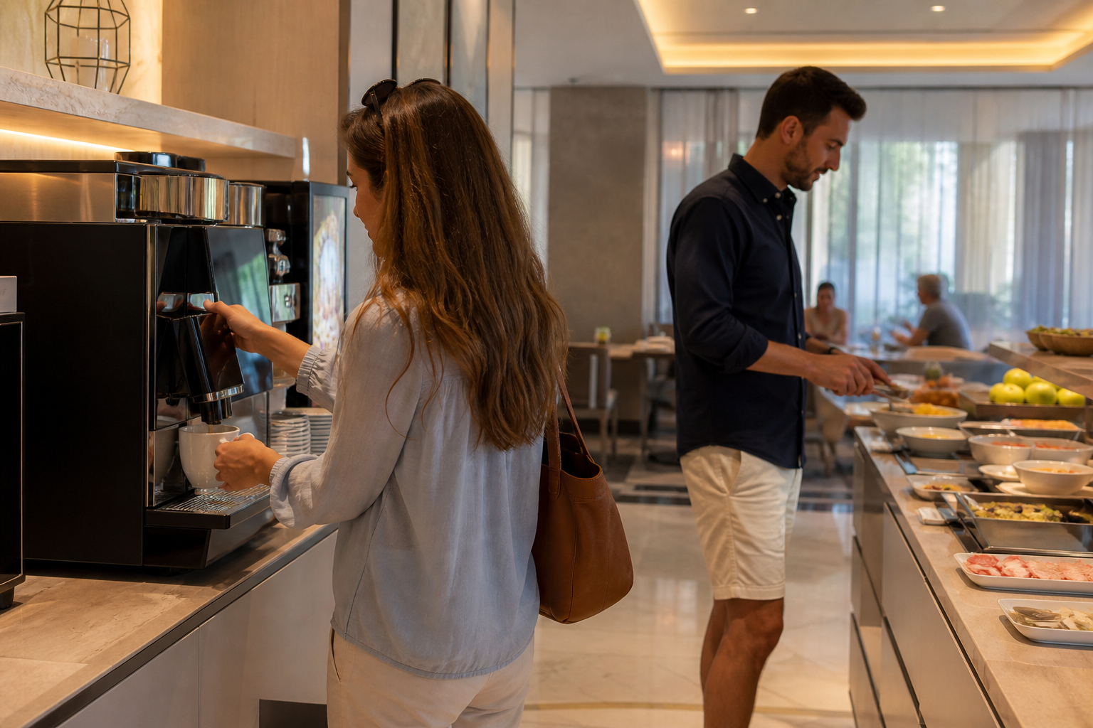 Hotel guests using a commercial coffee machine in a bright breakfast lounge