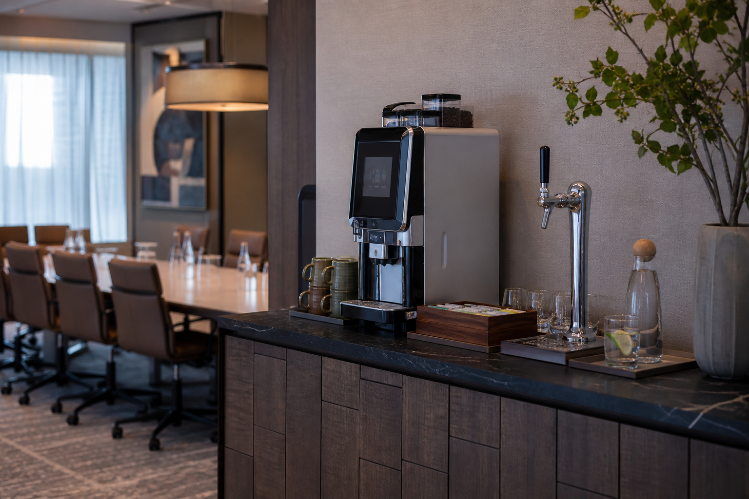 Hotel meeting-room refreshment station with coffee machine and sparkling water tap