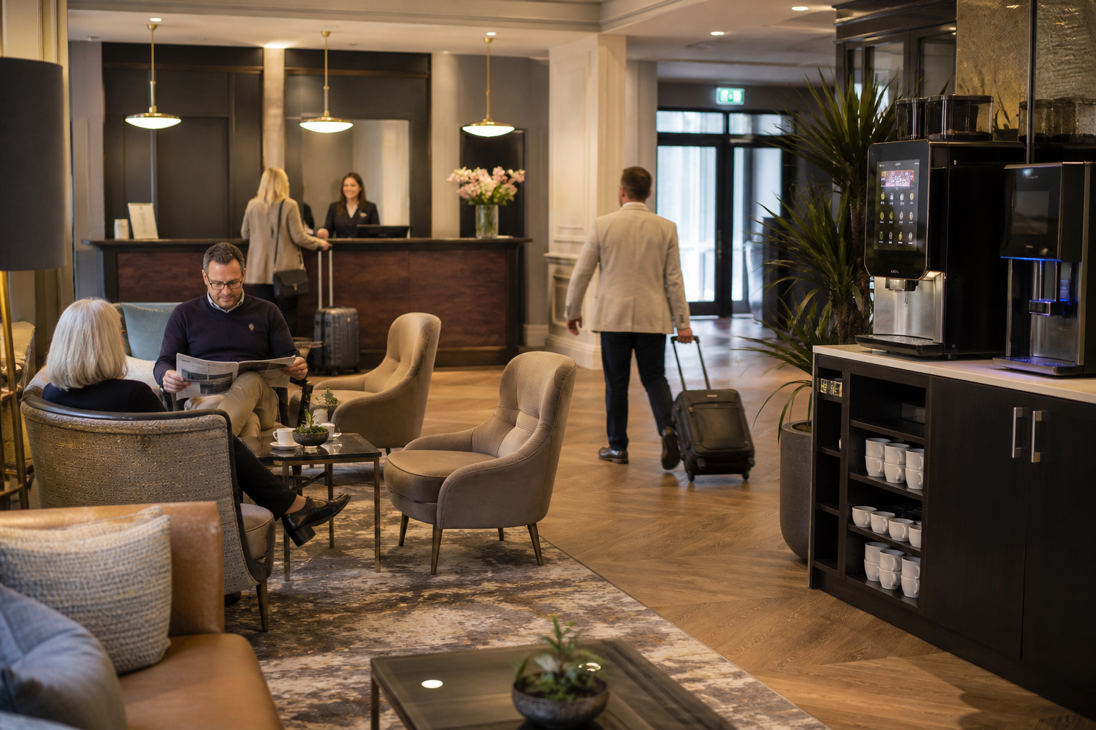 Guests using a premium self-service coffee and filtered water station in a modern hotel