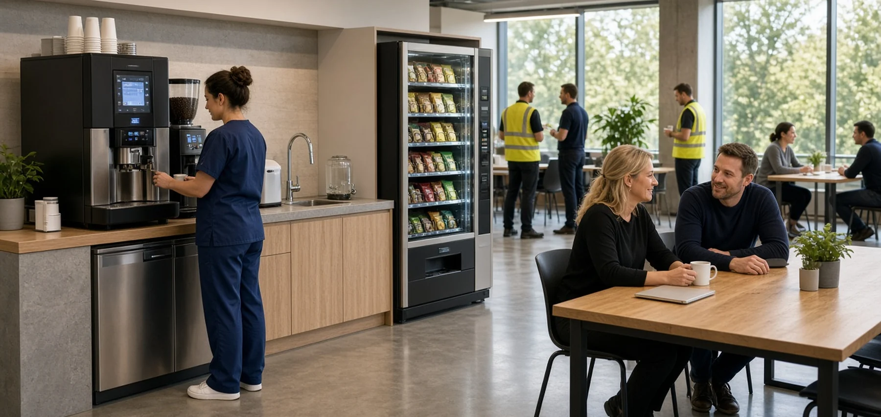 Shared UK staff amenity with coffee and vending used by office, healthcare and industrial teams across different workplace sectors