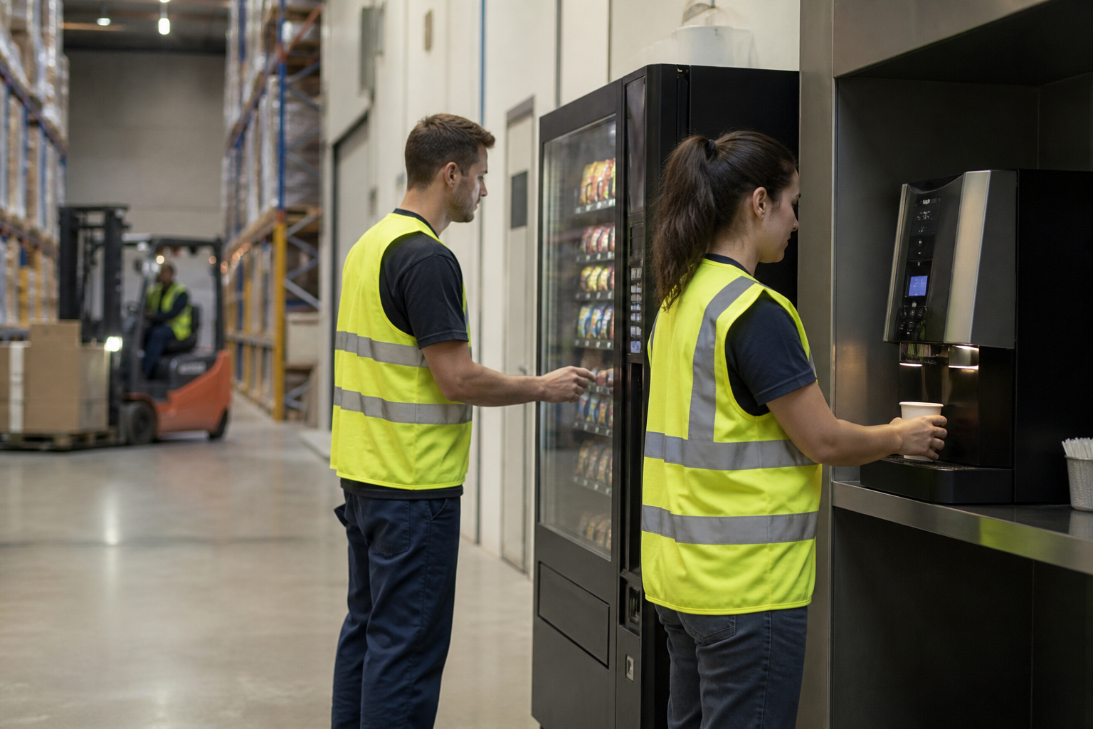 Warehouse logistics workers using snack and coffee vending machines in a factory break area