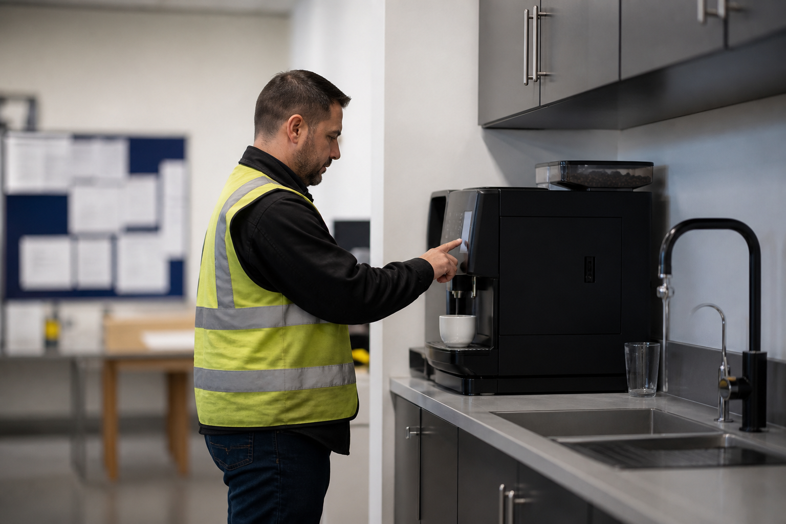 Manufacturing site office kitchen with bean-to-cup coffee machine and filtered water tap