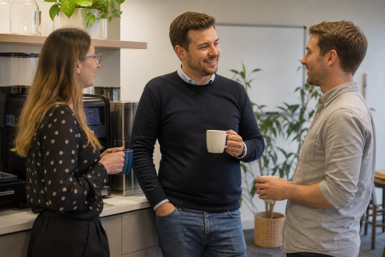 Colleagues chatting beside a commercial coffee machine in a modern UK office kitchenette