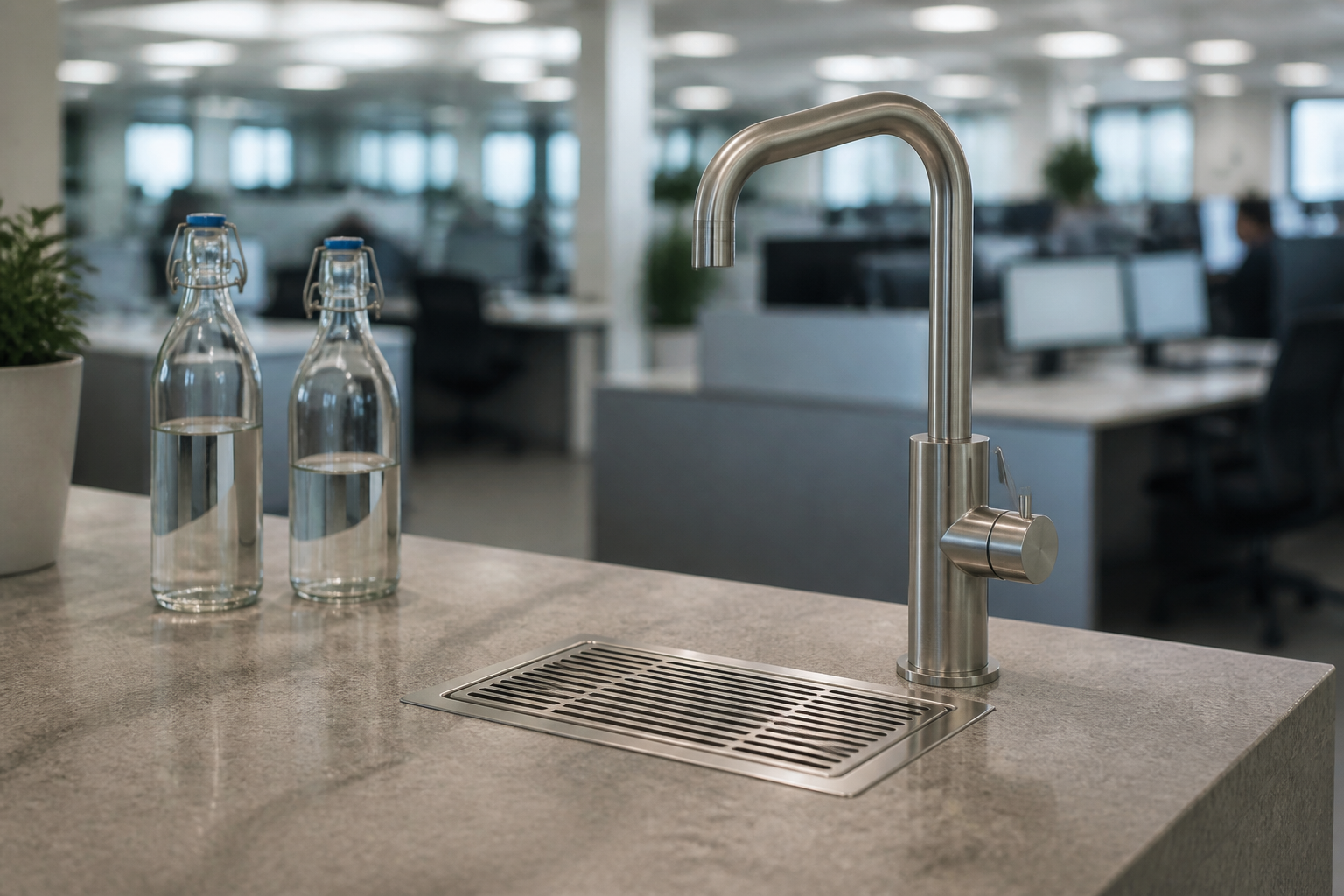 Filtered boiling and chilled water tap on a contemporary office countertop