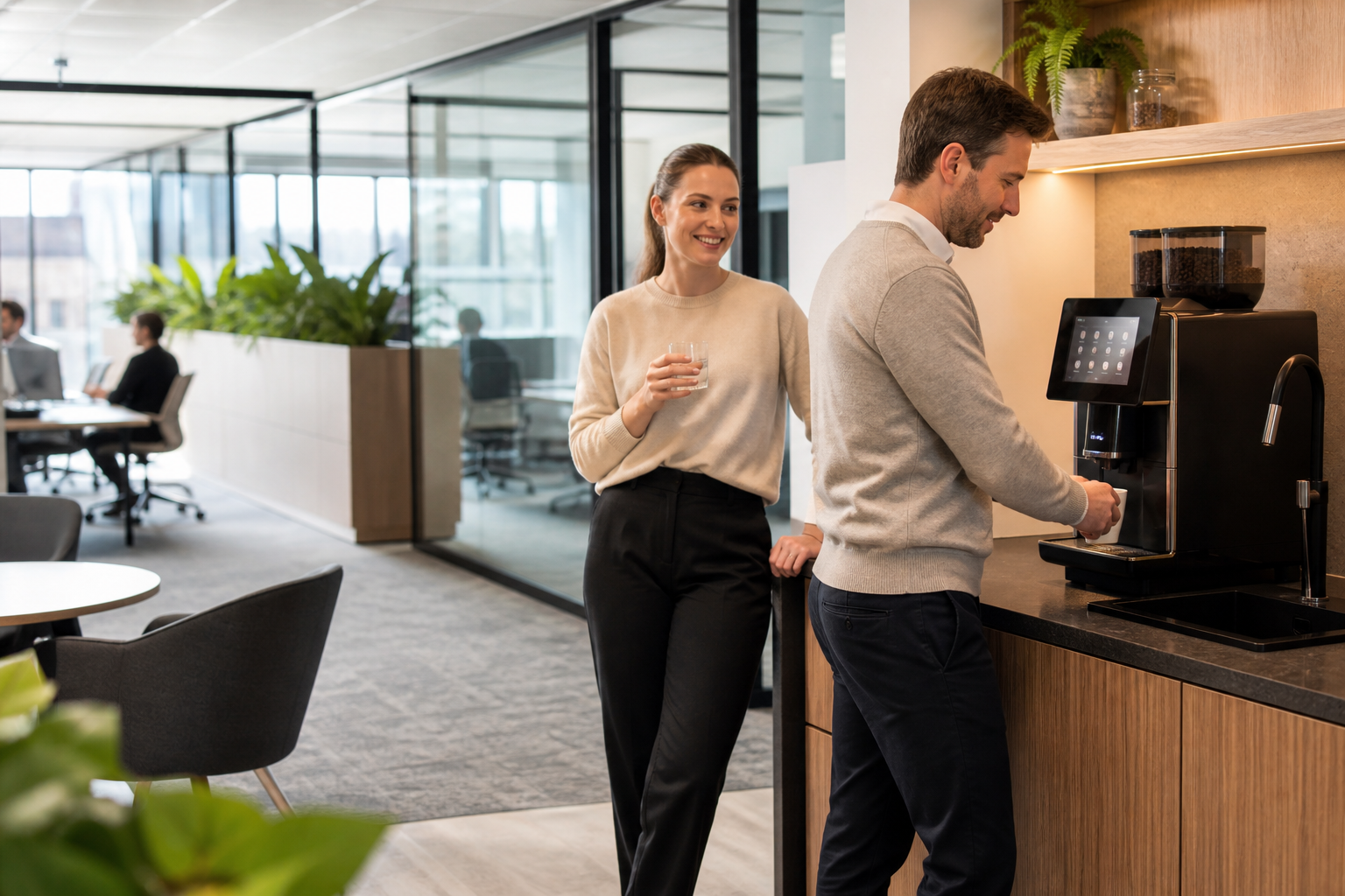 Colleagues using a coffee machine and filtered water tap in a modern office breakout area