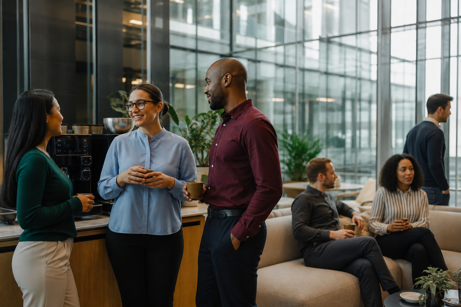 Office tenants networking in a multi-tenant building amenity lounge with shared coffee