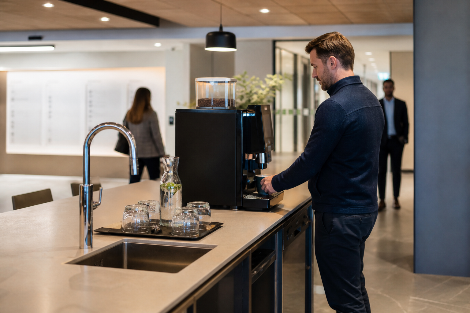 Shared amenity kitchen in a multi-tenant office building with coffee machine and water tap