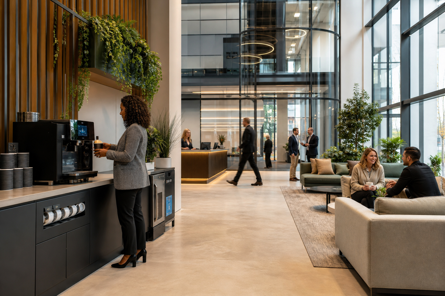 Office tenants using coffee, filtered water and smart vending in a shared building amenity lounge