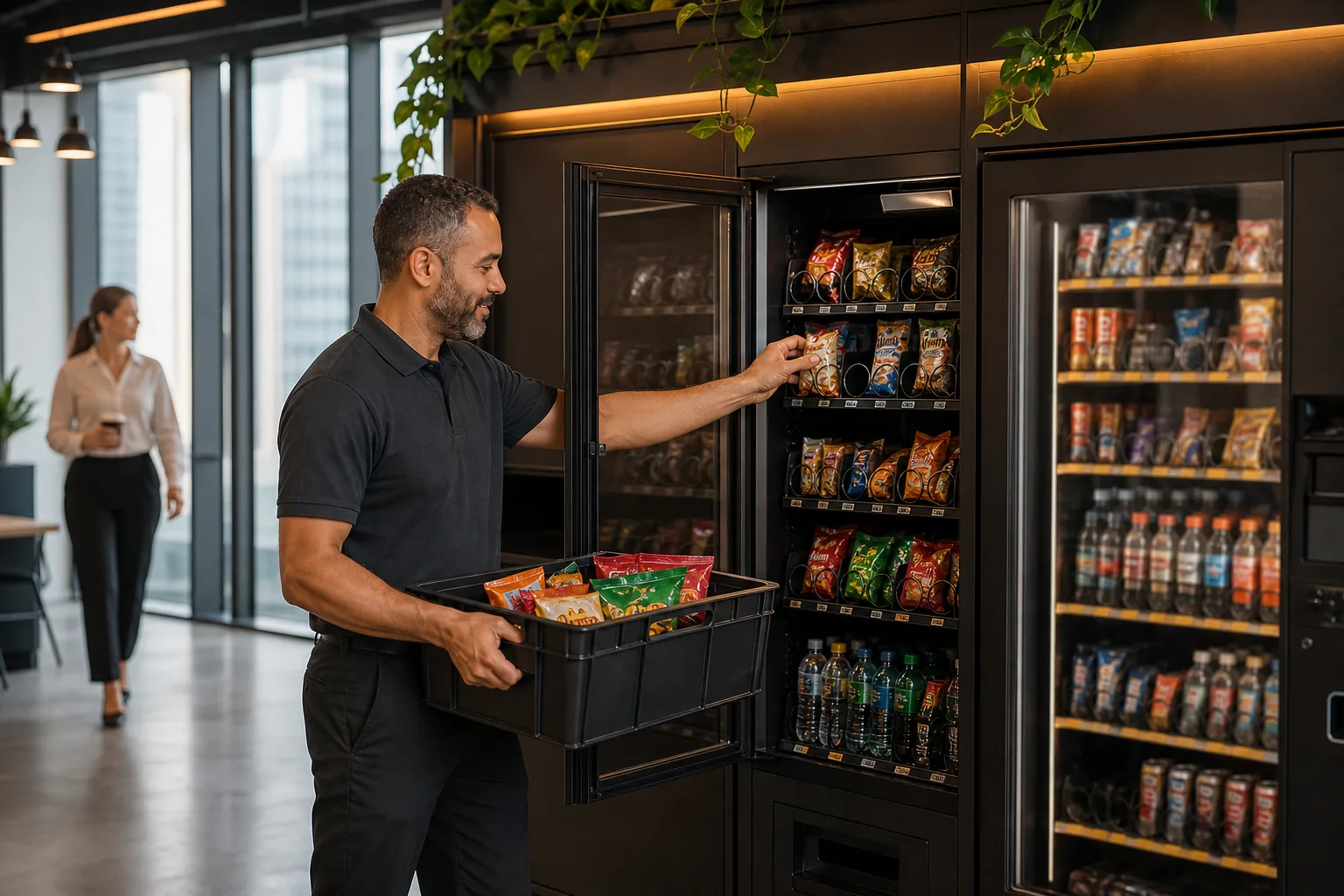 Service operative restocking a workplace vending machine during a scheduled refill visit