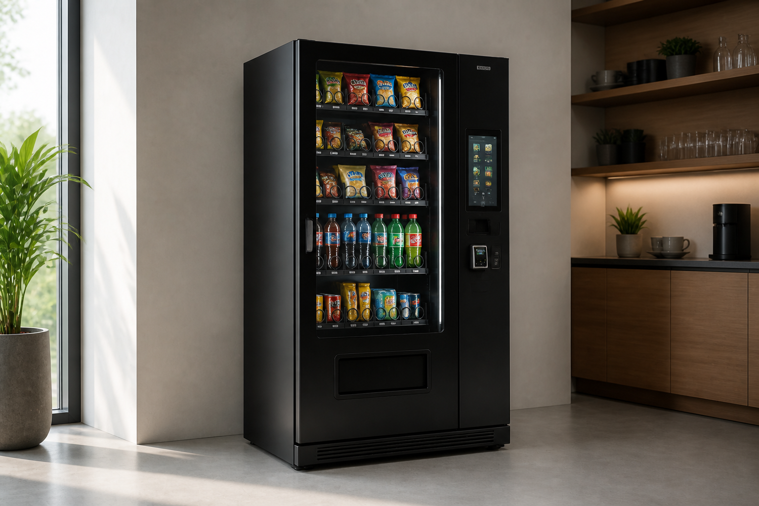 Snack and drink vending machine in a UK workplace break area