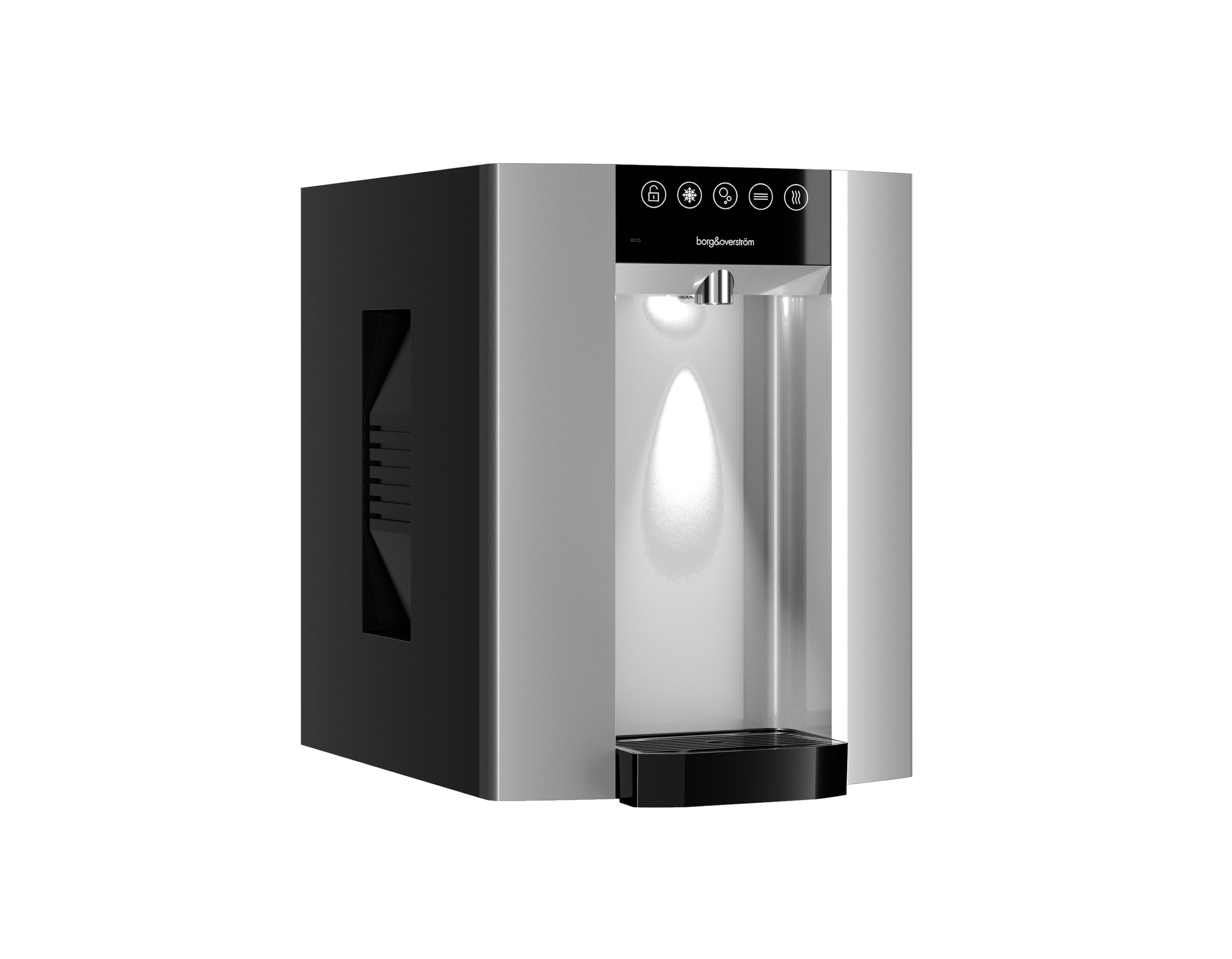 Borg & Overström E6 silver countertop dispenser, cutout product view
