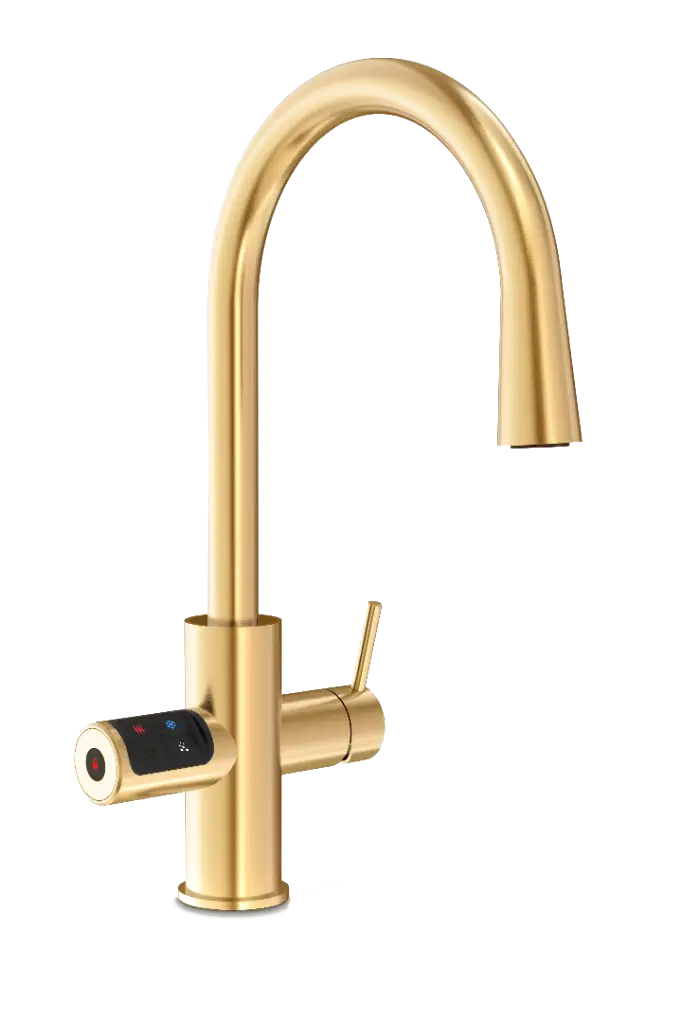 Zip HydroTap G5 All-in-One Celsius Plus brushed gold tap on a workplace hydration system