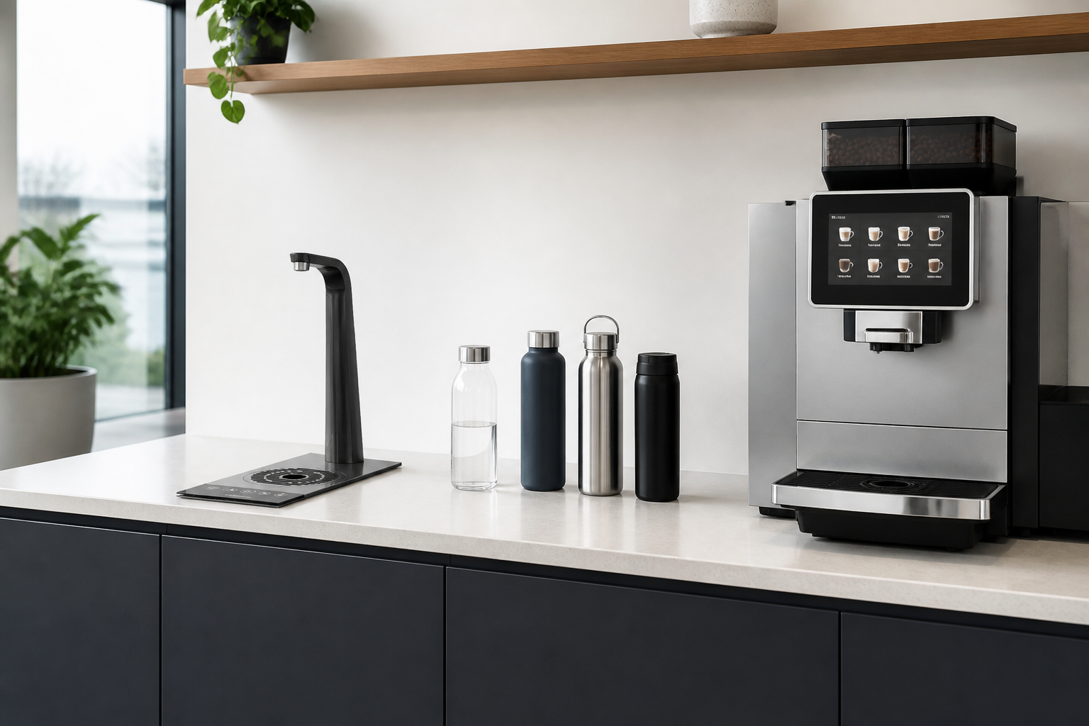 Modern workplace tea point with Borg and Overstrom T3 water tap, Franke A600 coffee machine and reusable bottles